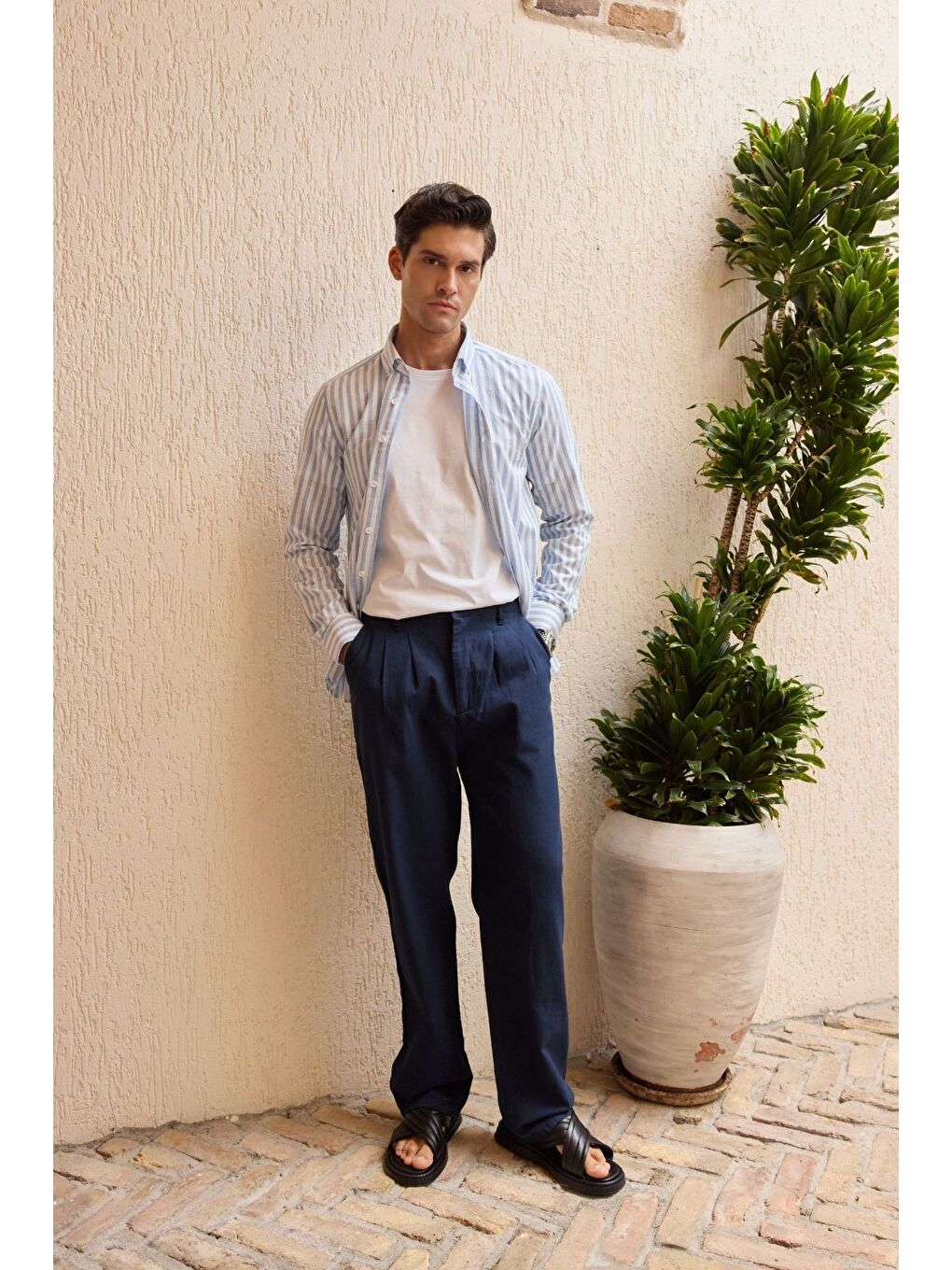 Mavi Senoc Erkek Gömlek Modern Slim Fit Keten Görünümlü Kalın Çizgili-3