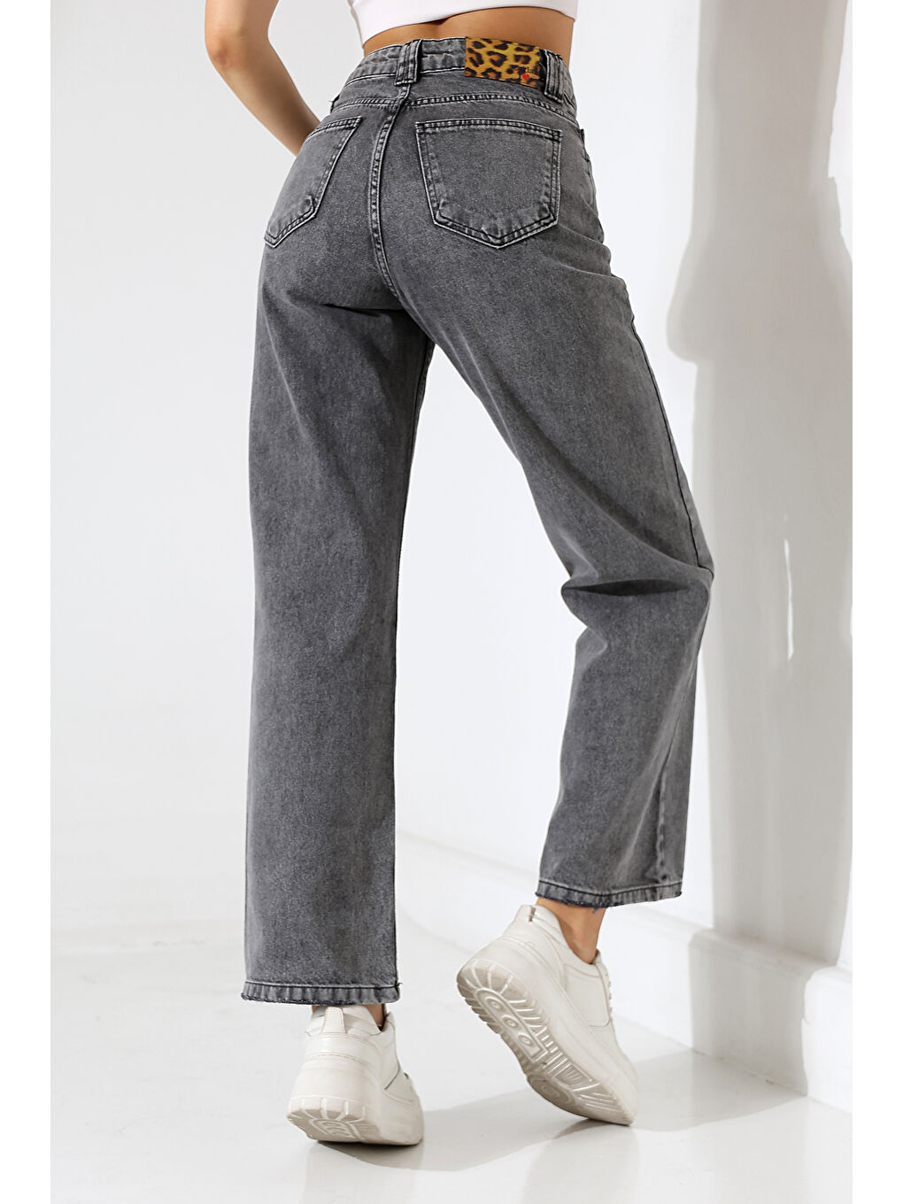 Kadın Gri Yüksek Bel Wide Leg Jean-3