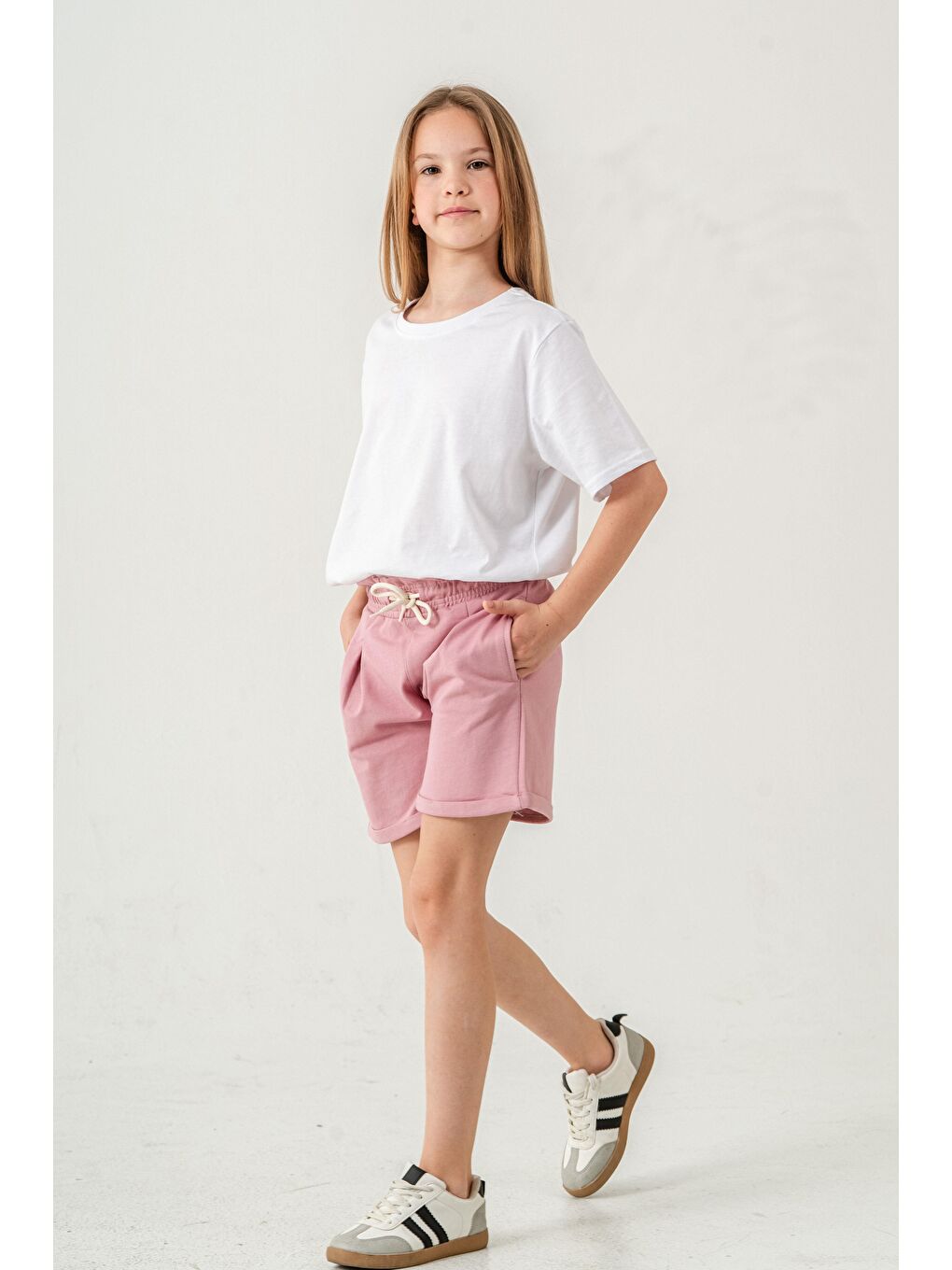 Pembe Duble Paça Kemer Kordonlu Kız Çocuk Şort-10