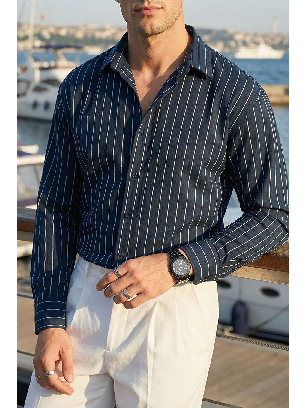 Lacivert Arkit Erkek Çizgili Viskon Oversize Gömlek