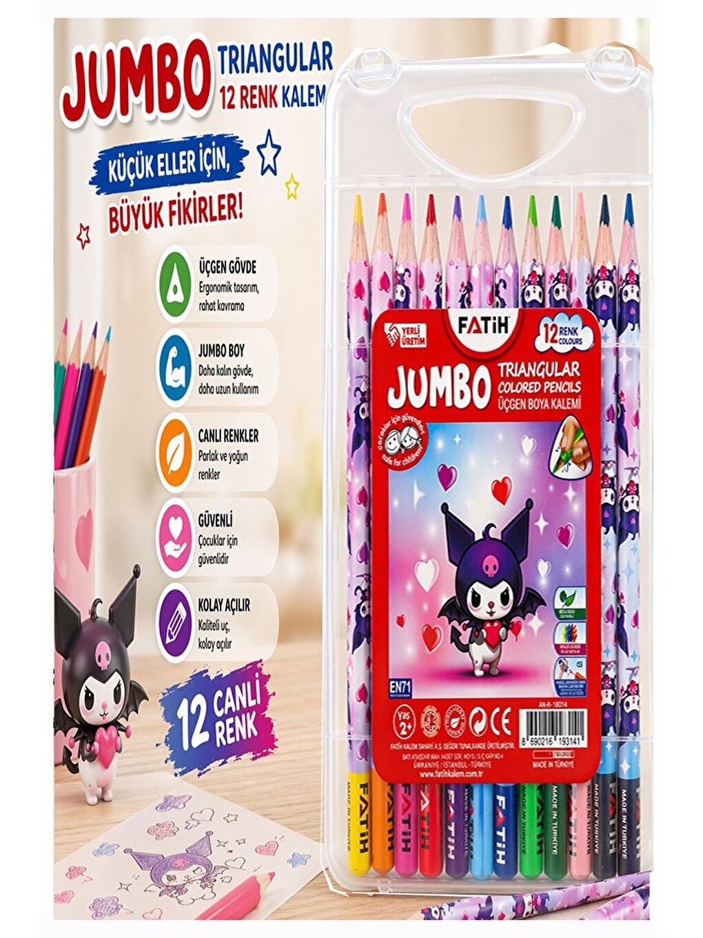 12 Li Jumbo Kuru Boya Kalemi Plastik Kutu 1 Paket Kuromi Figürlü Kalın 12 Renk Tam Boy