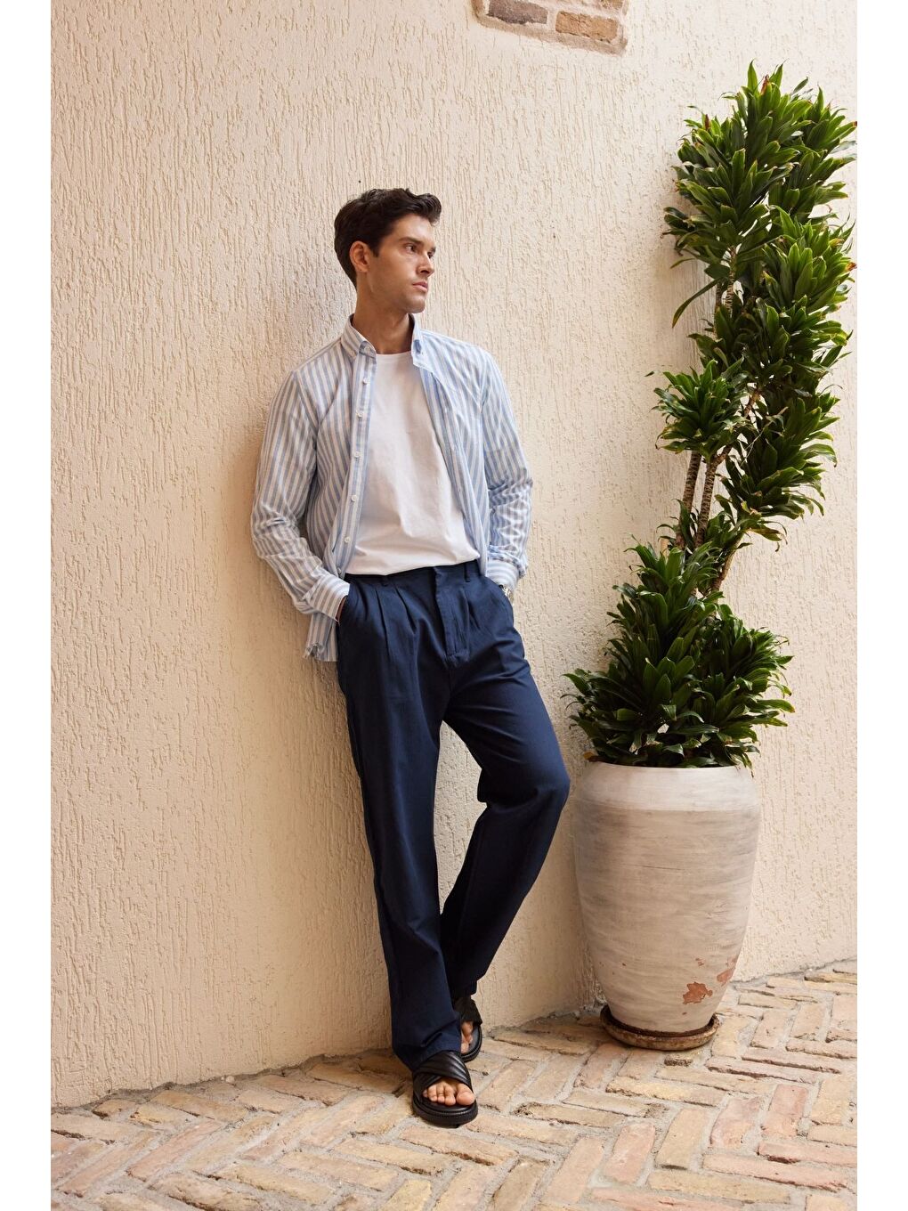 Mavi Senoc Erkek Gömlek Modern Slim Fit Keten Görünümlü Kalın Çizgili-4