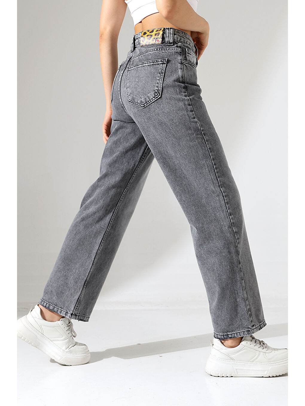 Kadın Gri Yüksek Bel Wide Leg Jean-4