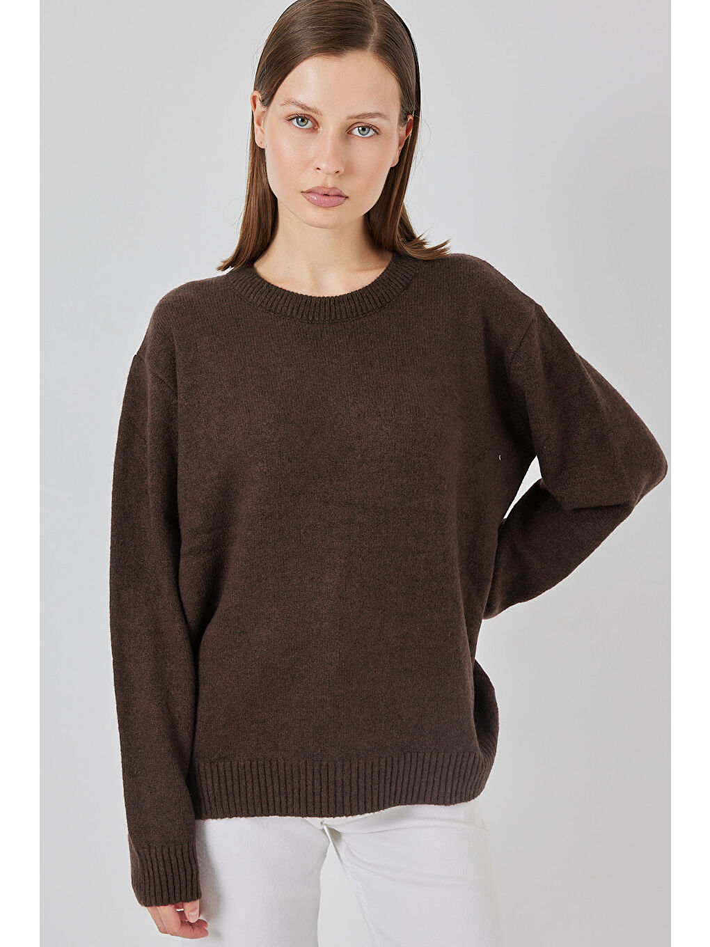 15895 Baklava Desenli Oversize Triko Kazak - C. Kahverengi