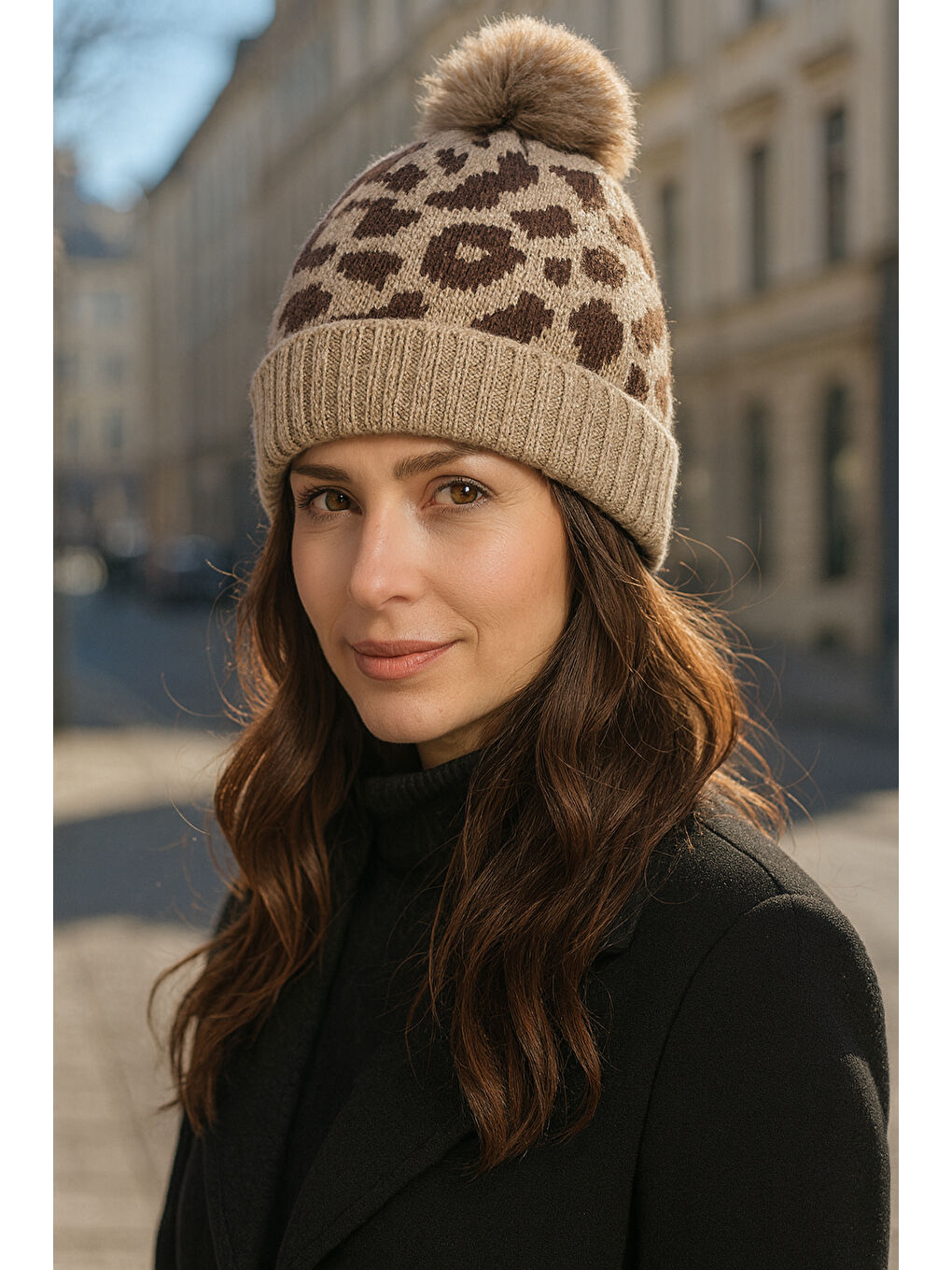 Bej Kadın Leopar Desen İçi Kürklü Bere RKŞ-1145 Leopar-1