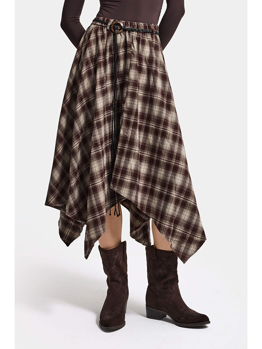 Kahverengi Kadın Kahve Ekose w5 Asimetrik Kesim Kemerli Özel Tasarım %100 Pamuk Etek