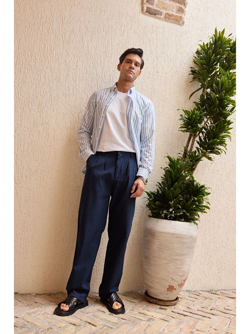 Mavi Senoc Erkek Gömlek Modern Slim Fit Keten Görünümlü Kalın Çizgili-5