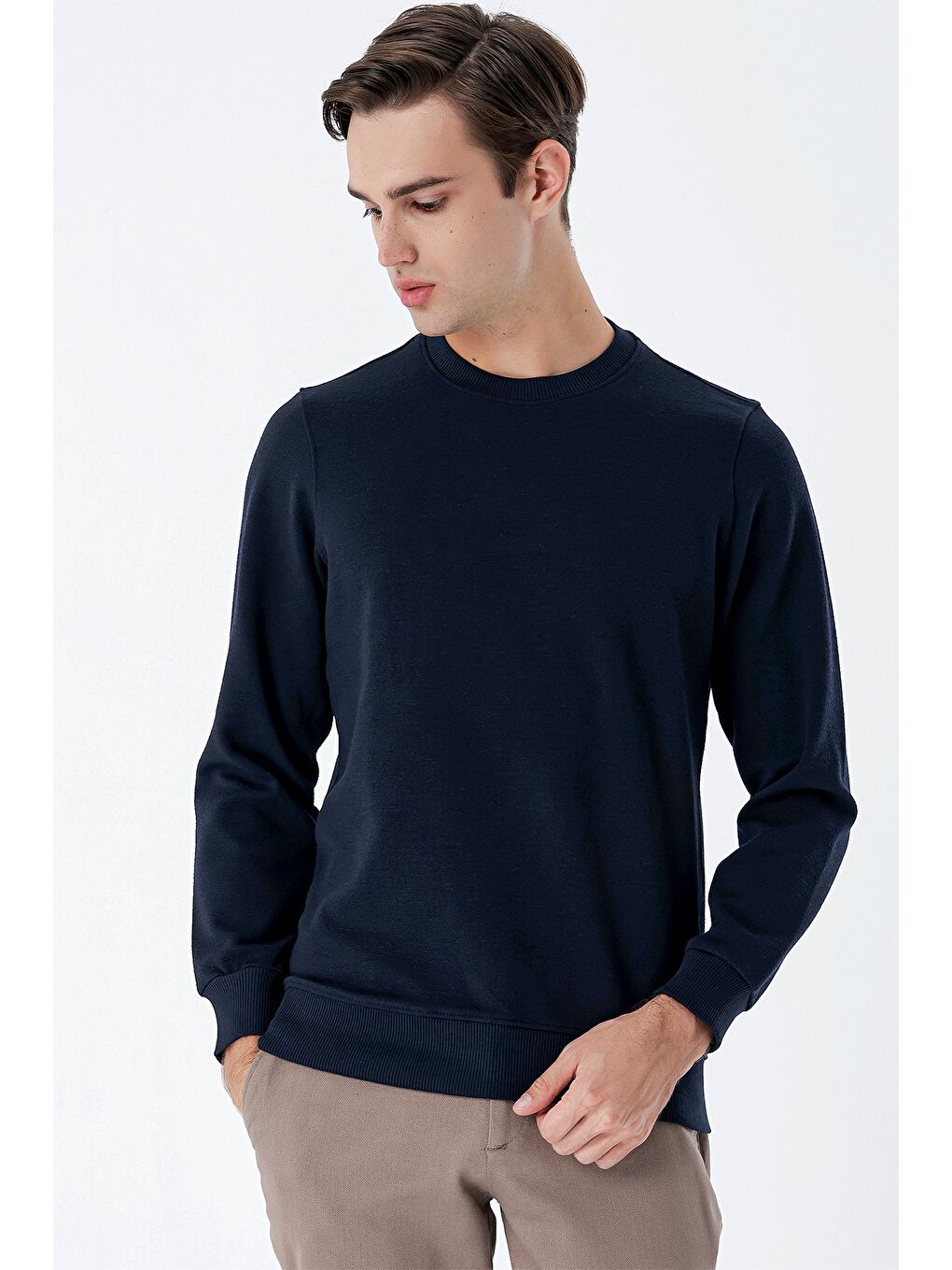 Koyu Lacivert Uzun Kollu  Örme Bisiklet Yaka   Elastanlı Casual Comfort Fit Sweatshirt 1013235103