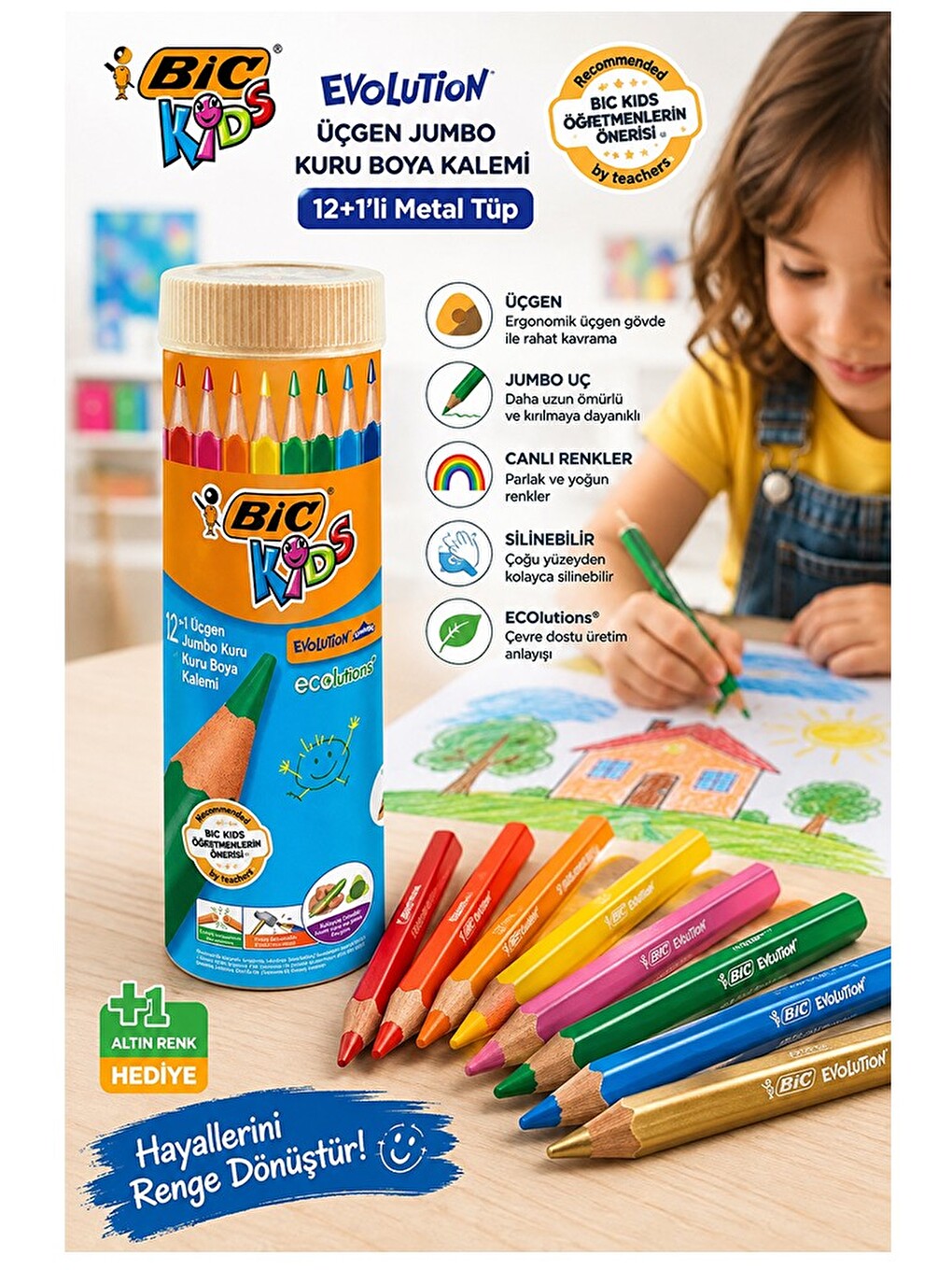 12 Li Jumbo Kuru Boya Kalemi Teneke Kutu 1 Paket Bic Kalın 12 Renk Jumbo Kuruboya Tam Boy-1