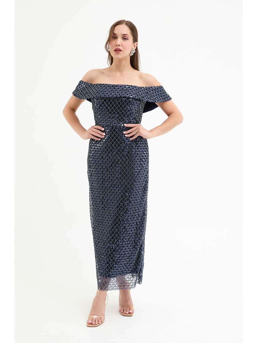 Kadın Lacivert Kayık Yaka Pul Payet Midi Abiye Elbise-1