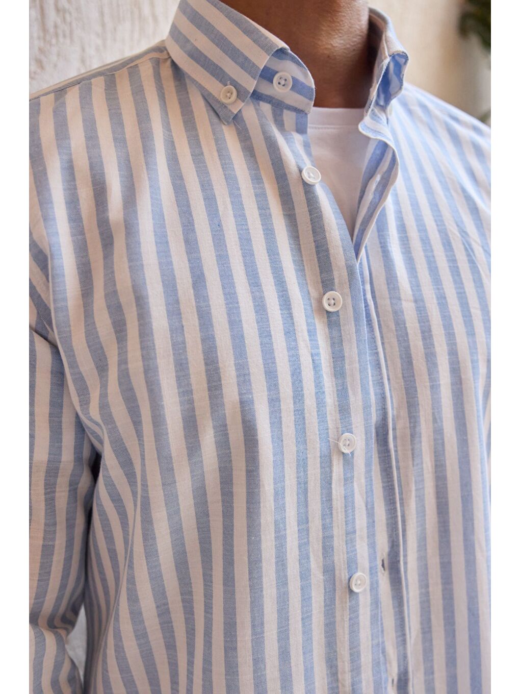 Mavi Senoc Erkek Gömlek Modern Slim Fit Keten Görünümlü Kalın Çizgili-6