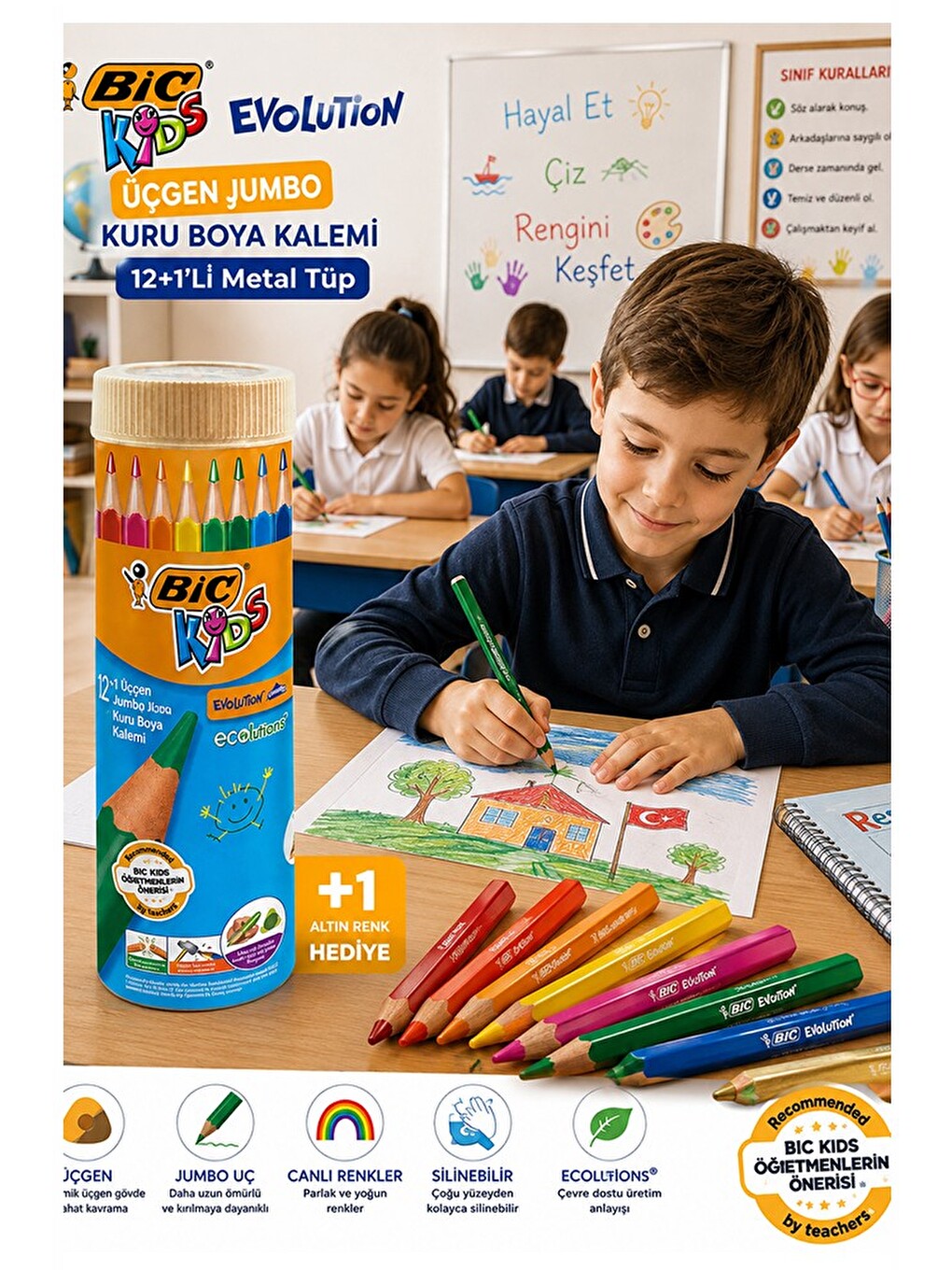 12 Li Jumbo Kuru Boya Kalemi Teneke Kutu 1 Paket Bic Kalın 12 Renk Jumbo Kuruboya Tam Boy-2