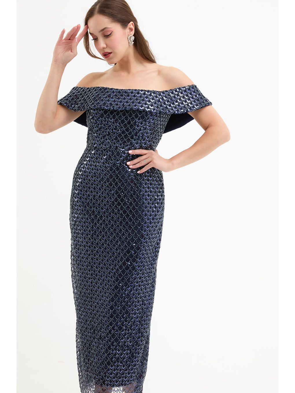 Kadın Lacivert Kayık Yaka Pul Payet Midi Abiye Elbise-2