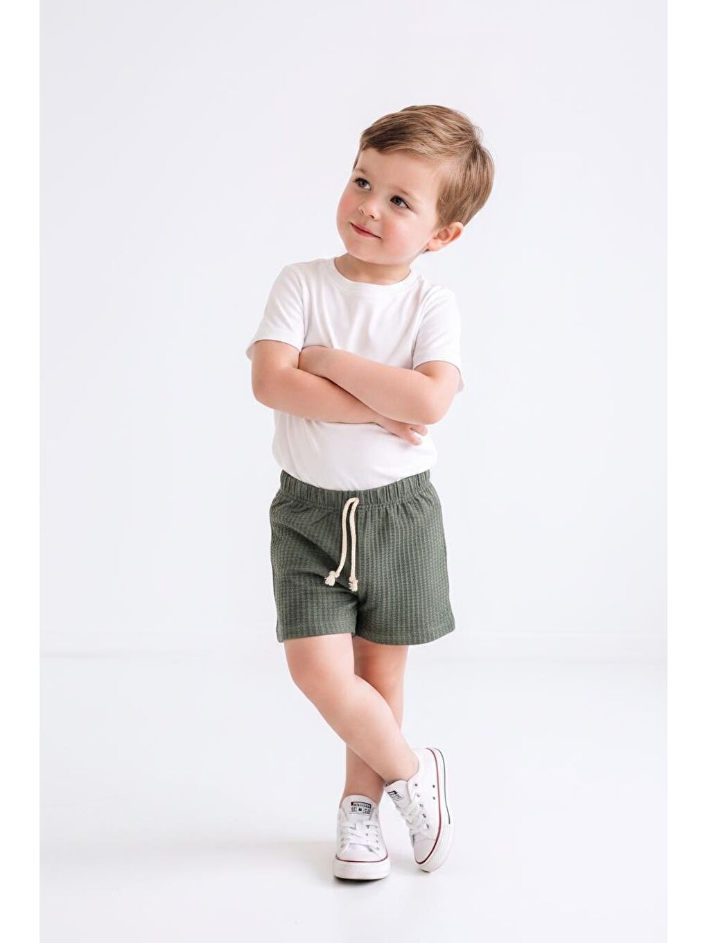 Haki Elastanlı Kabartma Çizgili 2li Şort Paket-4