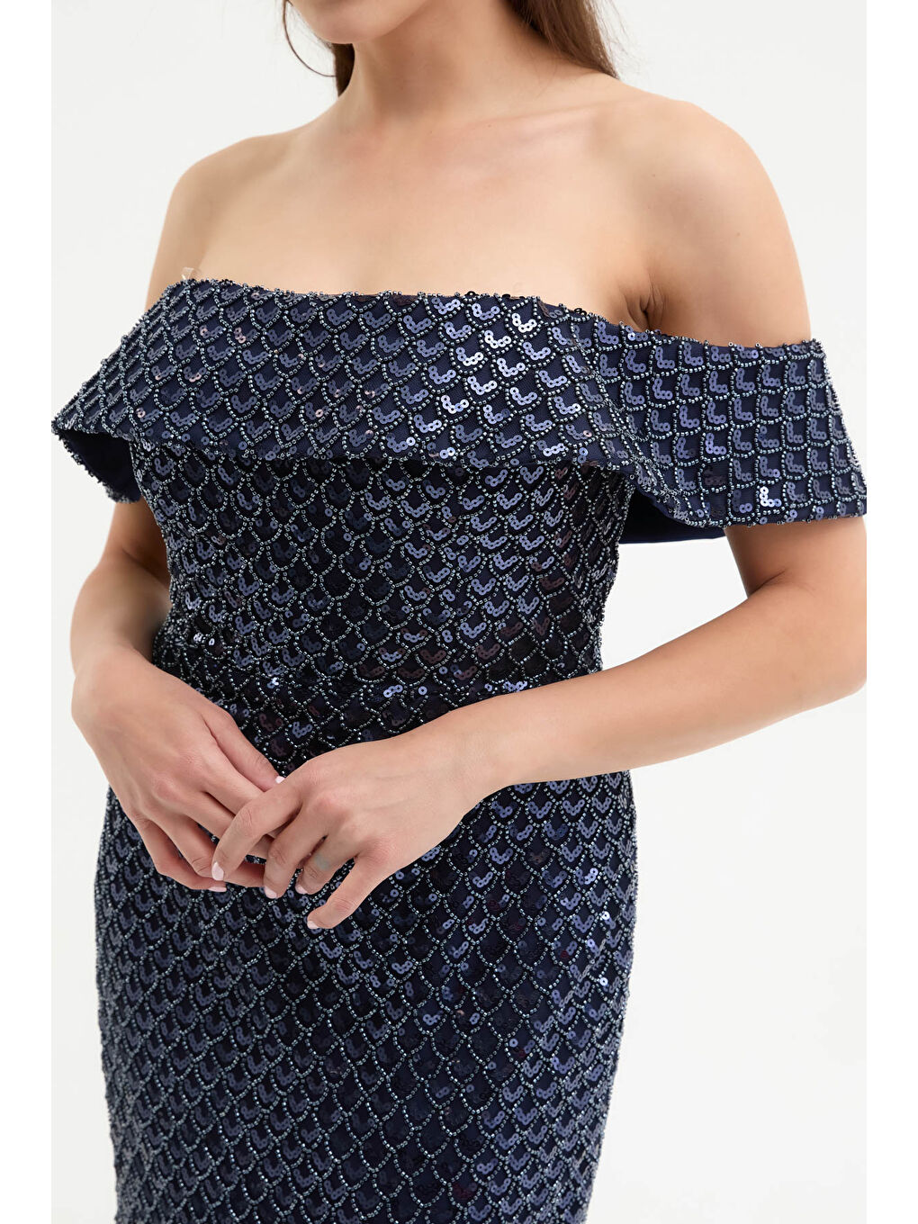 Kadın Lacivert Kayık Yaka Pul Payet Midi Abiye Elbise-3