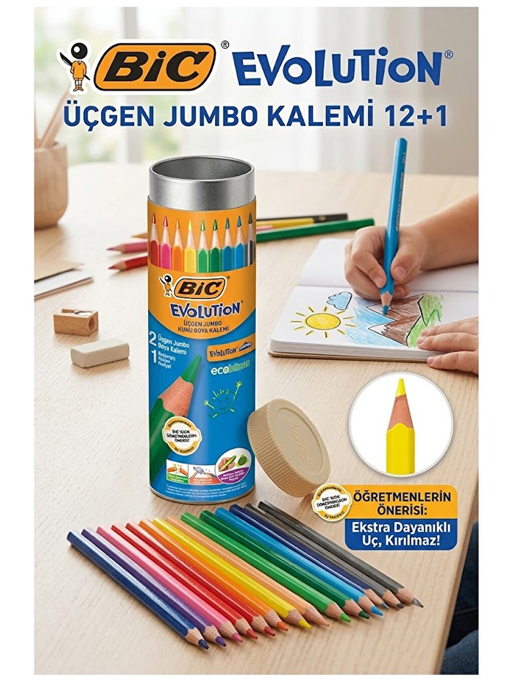 12 Li Jumbo Kuru Boya Kalemi Teneke Kutu 1 Paket Bic Kalın 12 Renk Jumbo Kuruboya Tam Boy-3