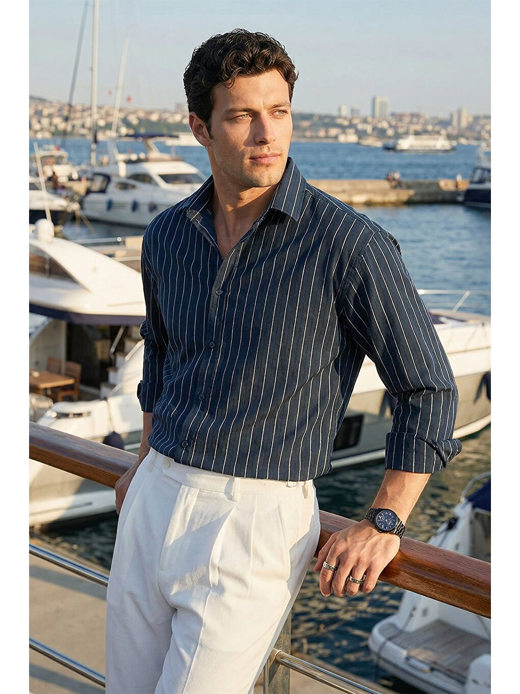 Lacivert Arkit Erkek Çizgili Viskon Oversize Gömlek-1