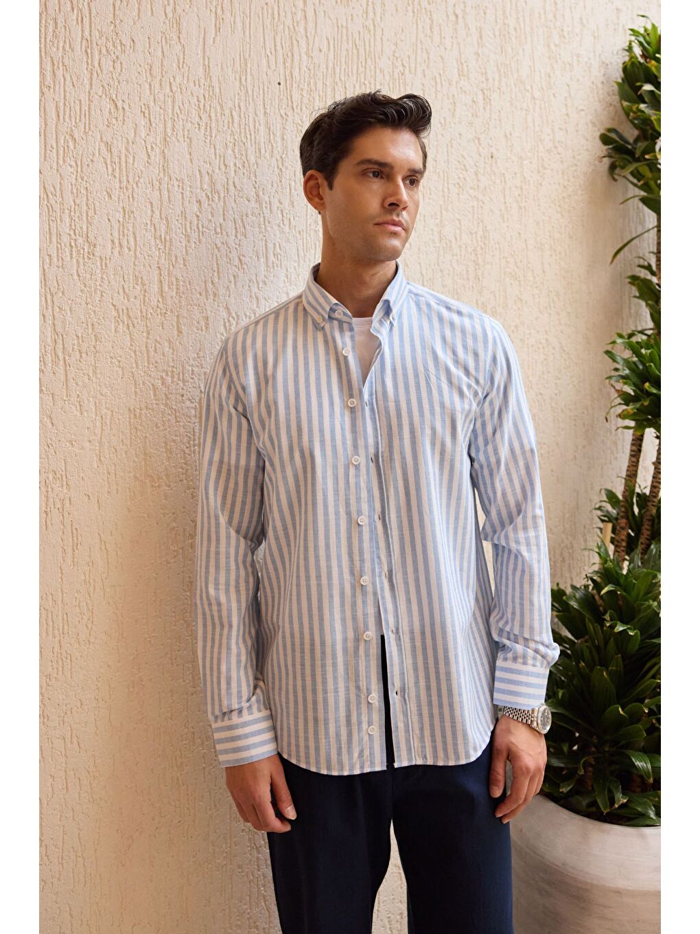 Mavi Senoc Erkek Gömlek Modern Slim Fit Keten Görünümlü Kalın Çizgili-7