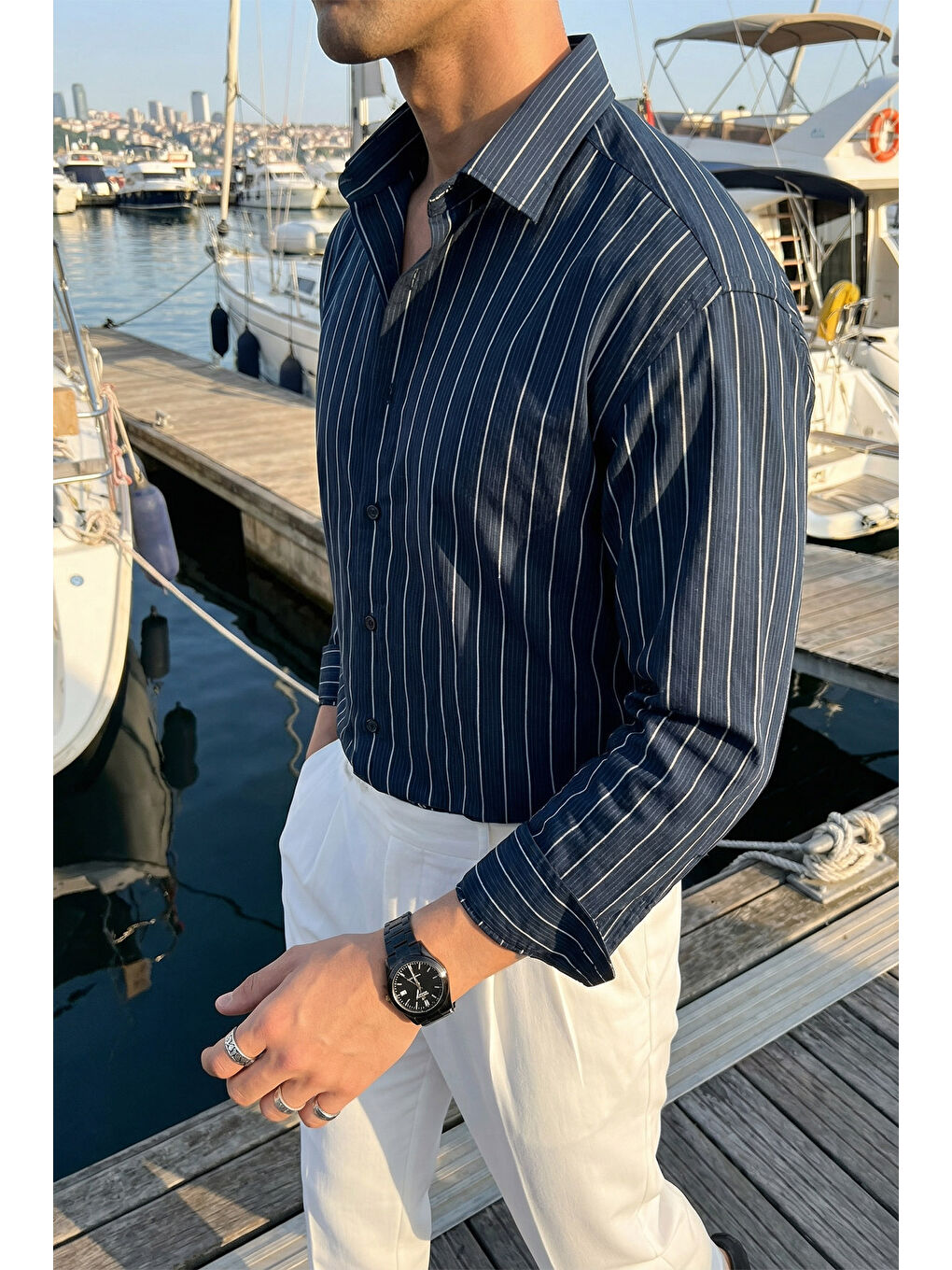 Lacivert Arkit Erkek Çizgili Viskon Oversize Gömlek-2