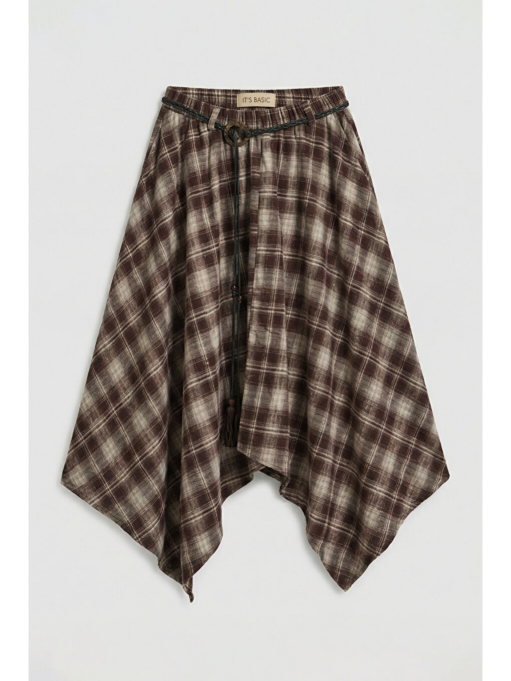 Kahverengi Kadın Kahve Ekose w5 Asimetrik Kesim Kemerli Özel Tasarım %100 Pamuk Etek-1