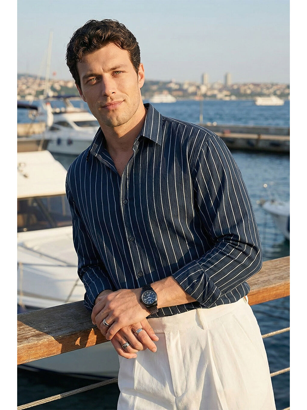 Lacivert Arkit Erkek Çizgili Viskon Oversize Gömlek-3