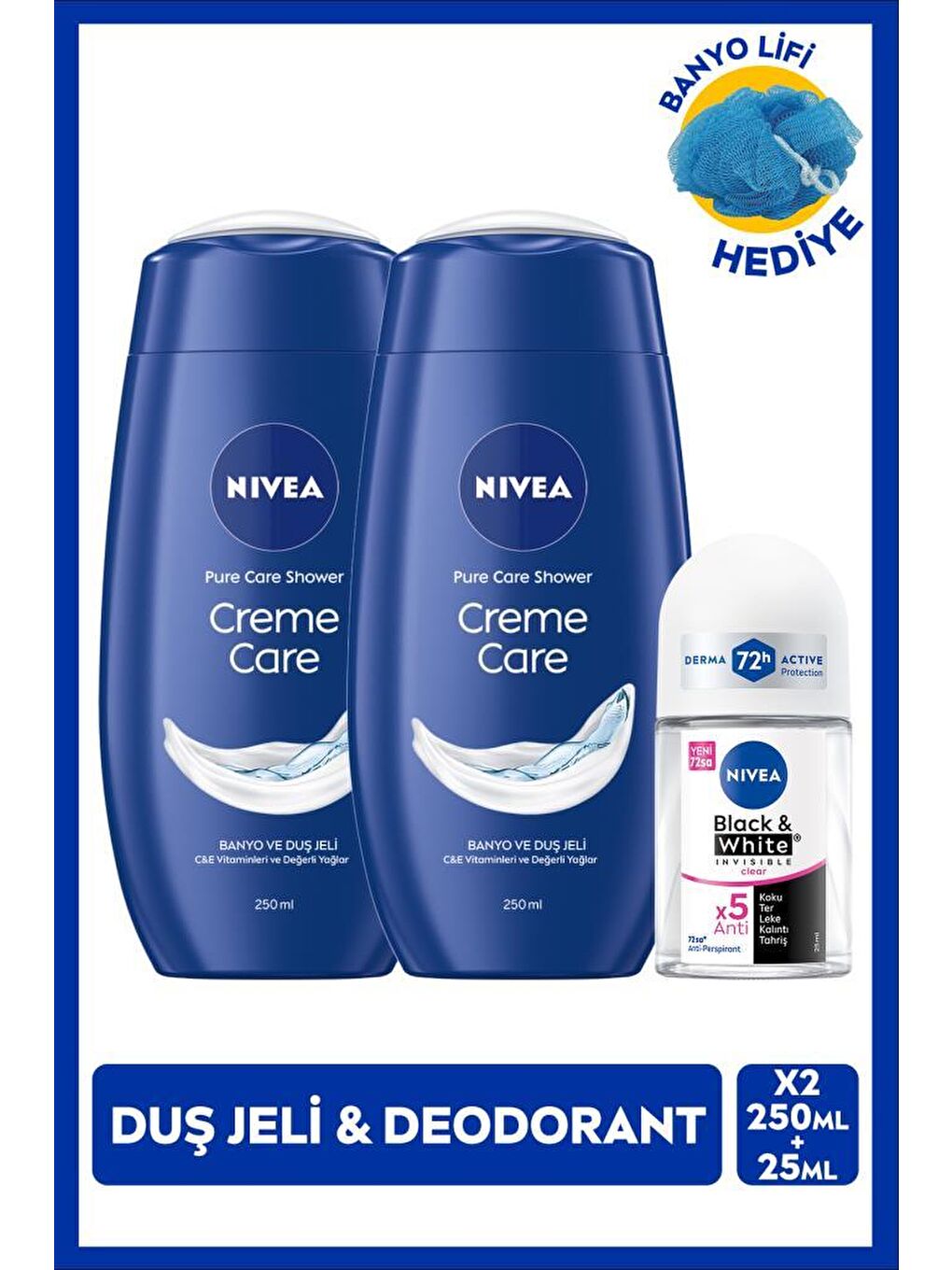 Kadın Roll-on Deodorant Black&White Invisible Clear 25ml ve Creme Care Duş Jeli X2 Adet, Lif H