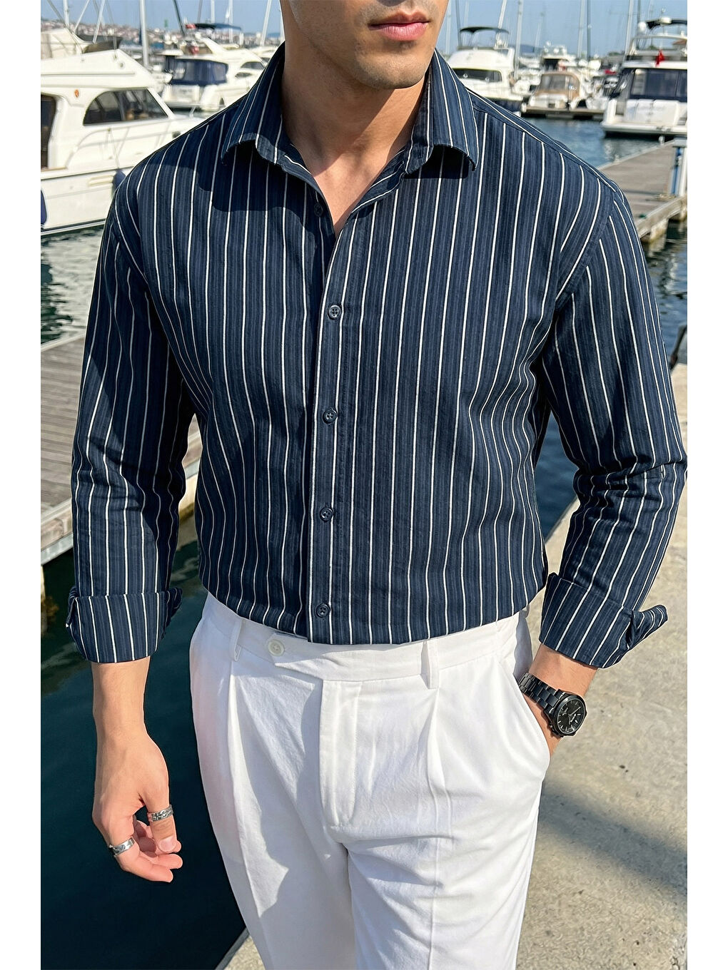 Lacivert Arkit Erkek Çizgili Viskon Oversize Gömlek-4