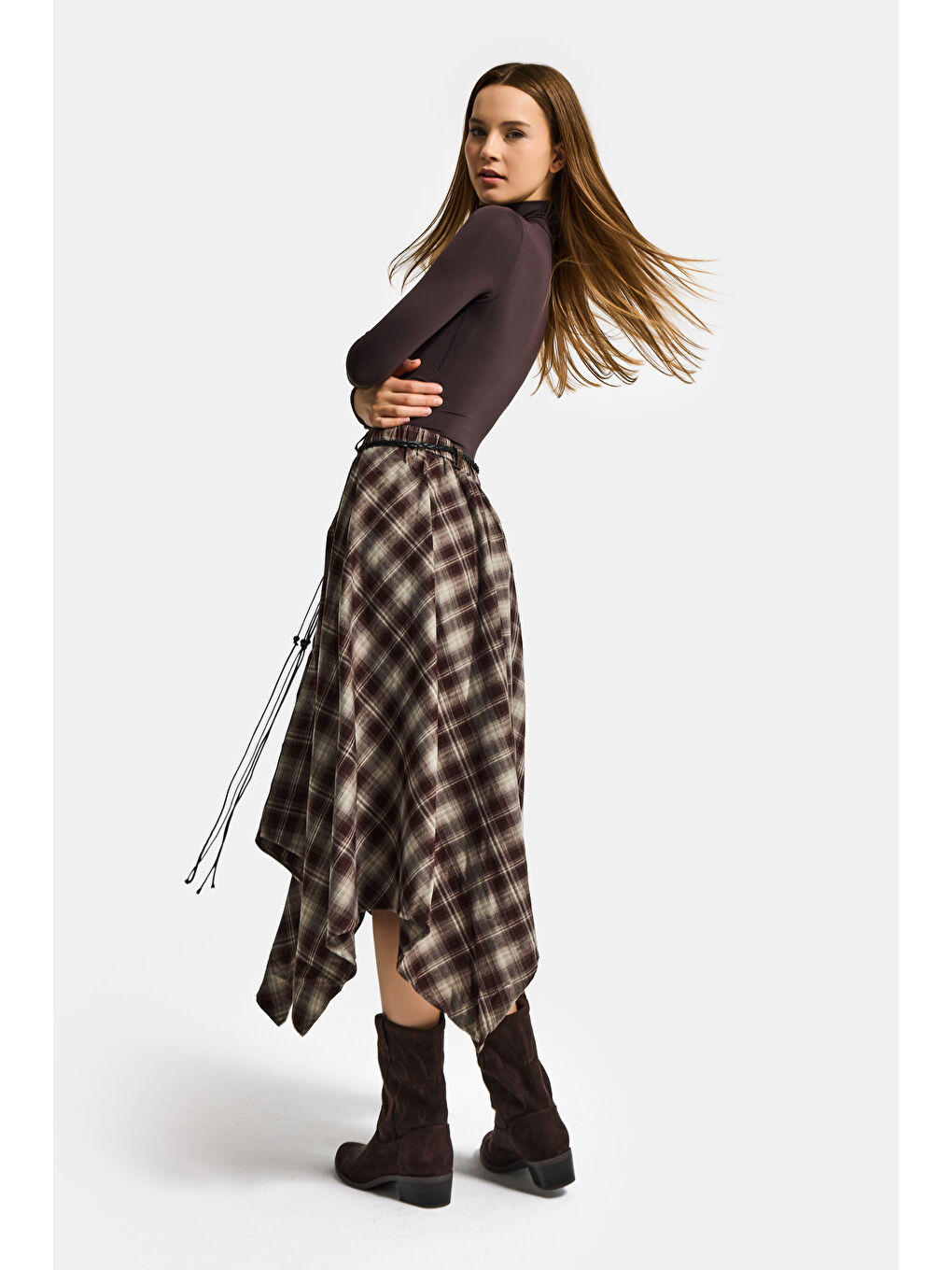 Kahverengi Kadın Kahve Ekose w5 Asimetrik Kesim Kemerli Özel Tasarım %100 Pamuk Etek-2
