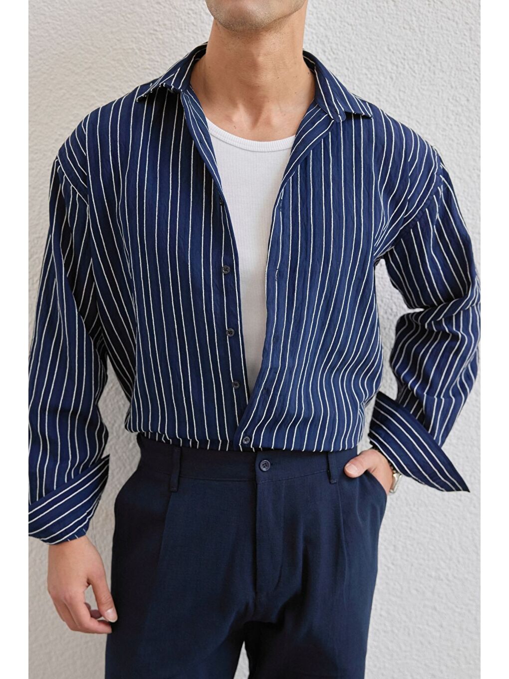 Lacivert Tugur Erkek Çizgili Oversize Premium Gömlek Soft Touch Refined Comfort