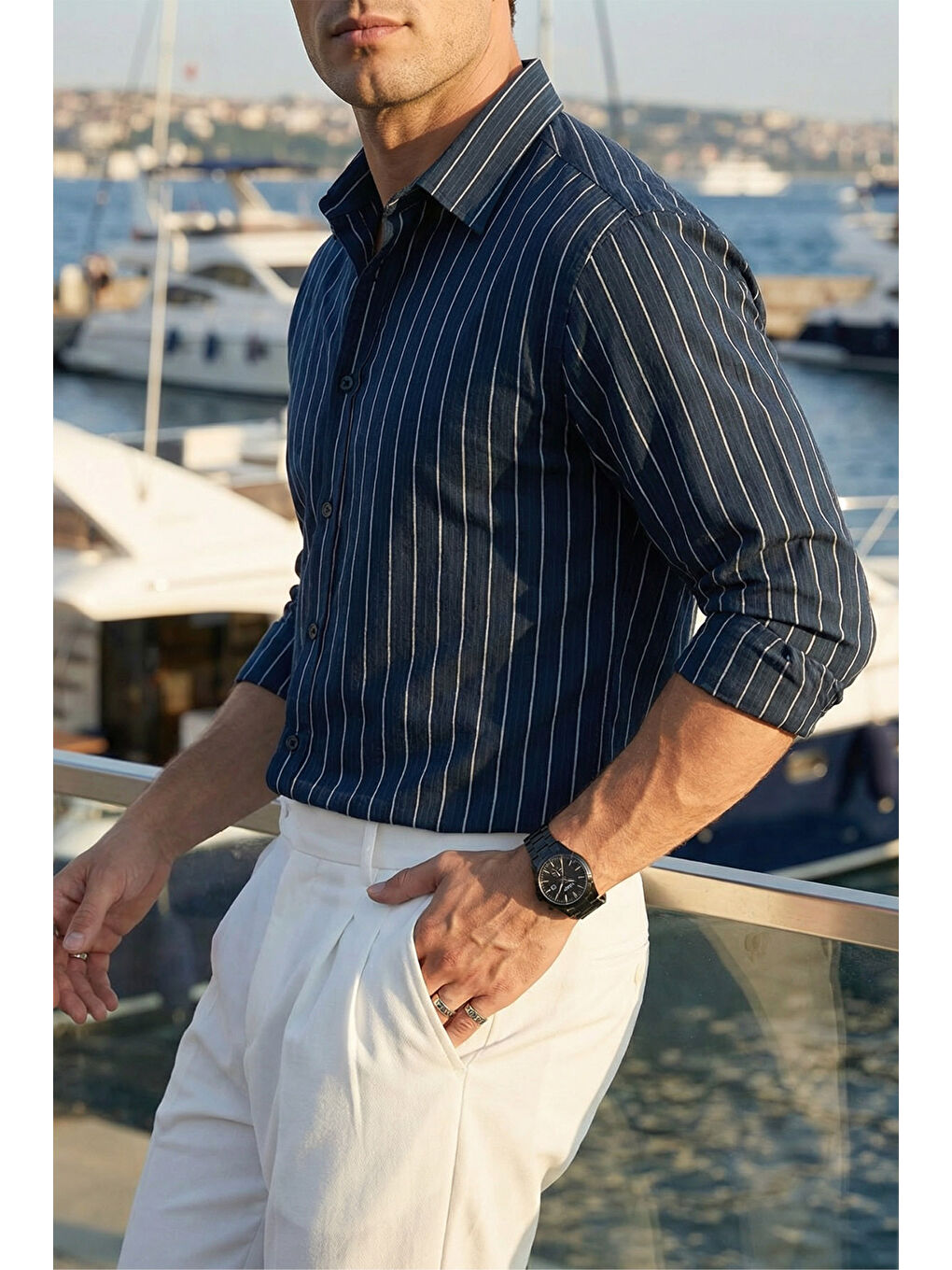 Lacivert Arkit Erkek Çizgili Viskon Oversize Gömlek-5