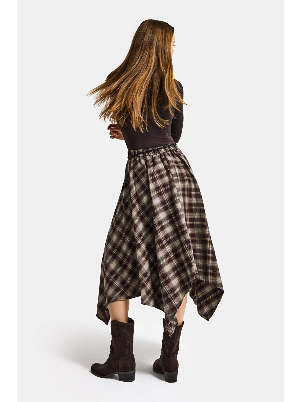 Kahverengi Kadın Kahve Ekose w5 Asimetrik Kesim Kemerli Özel Tasarım %100 Pamuk Etek-3
