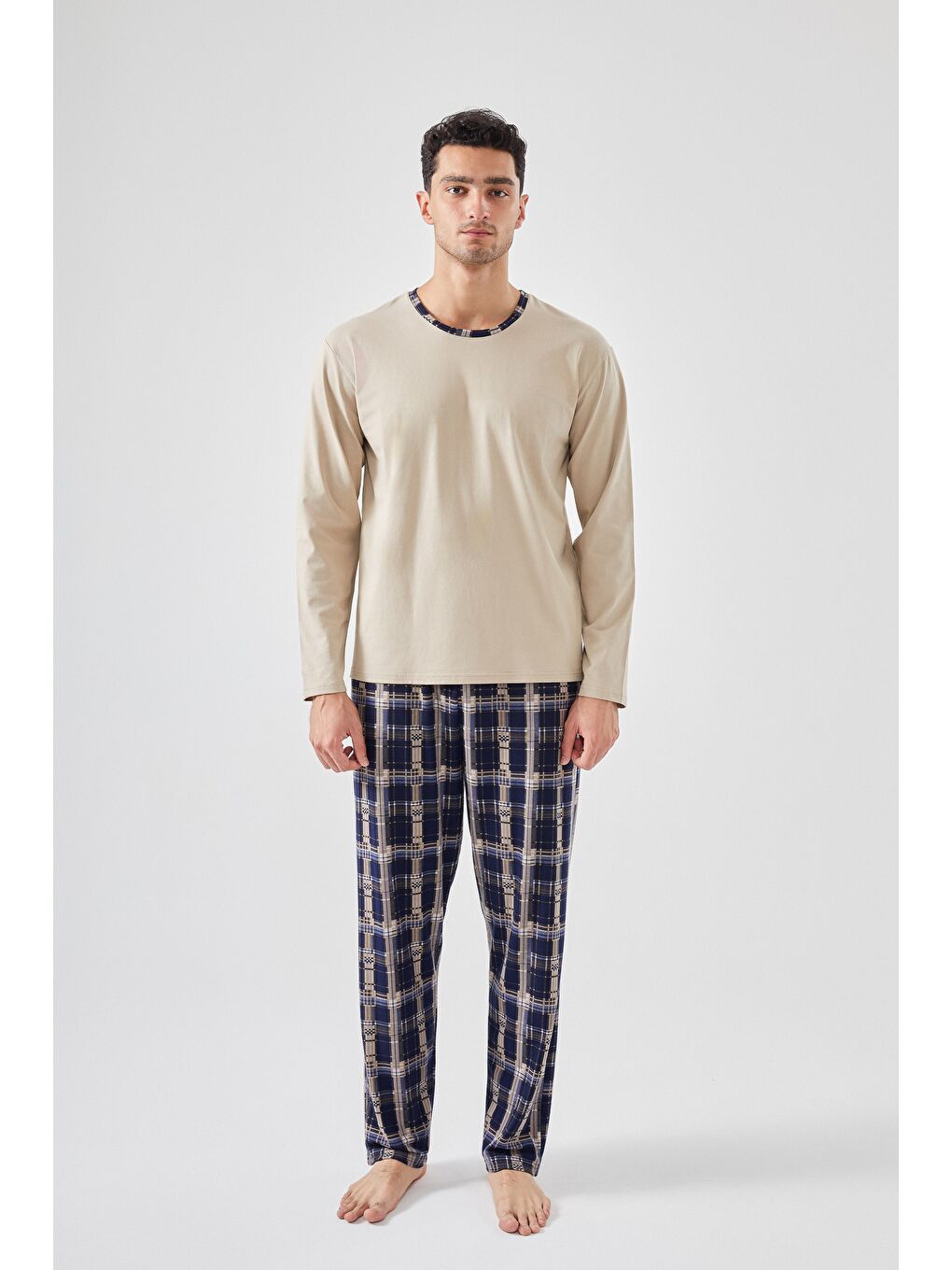 Ekru Erkek Pamuklu Uzun Kollu Ekose Desenli Cepli Pijama Takımı-1
