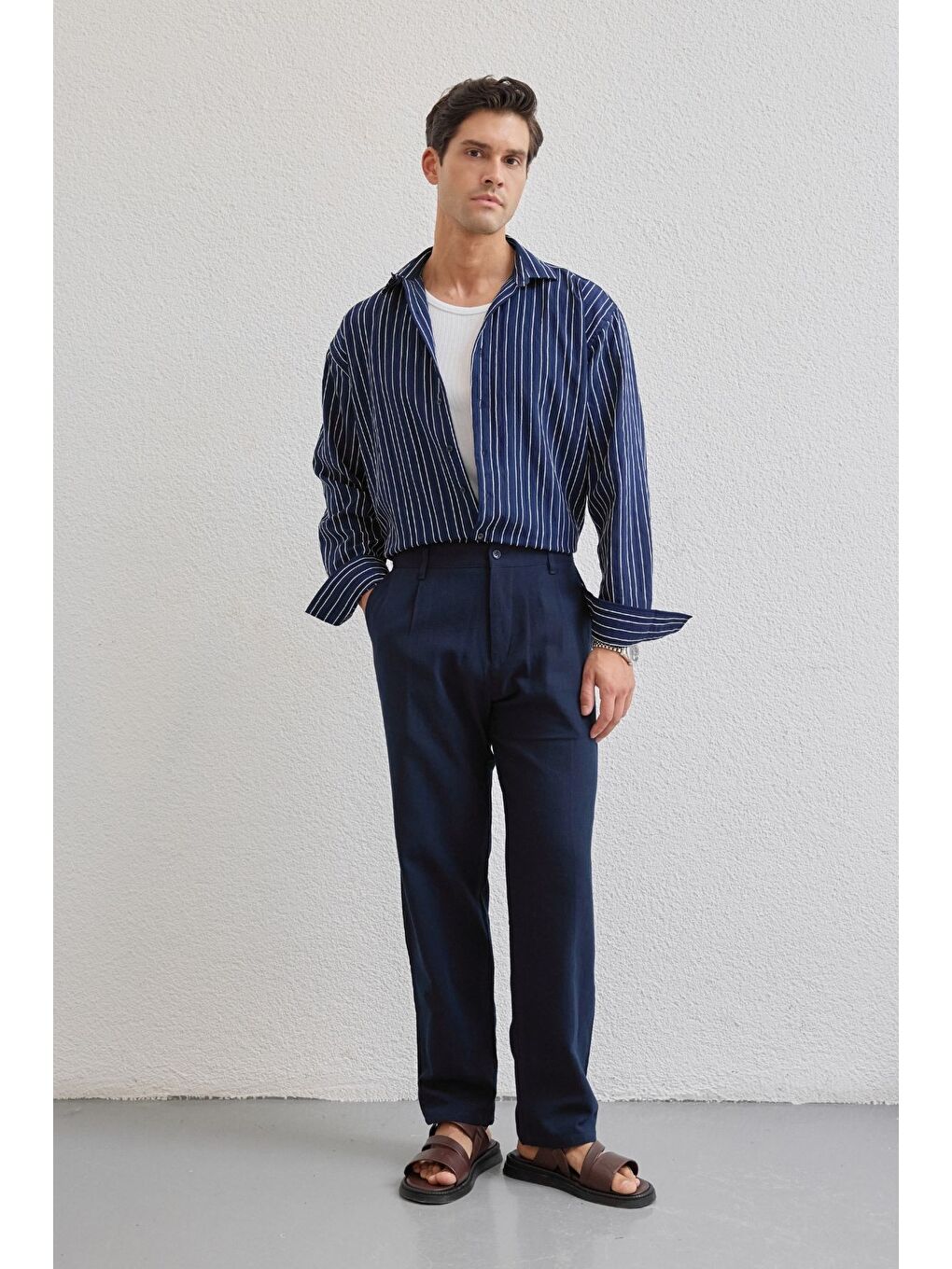 Lacivert Tugur Erkek Çizgili Oversize Premium Gömlek Soft Touch Refined Comfort-1