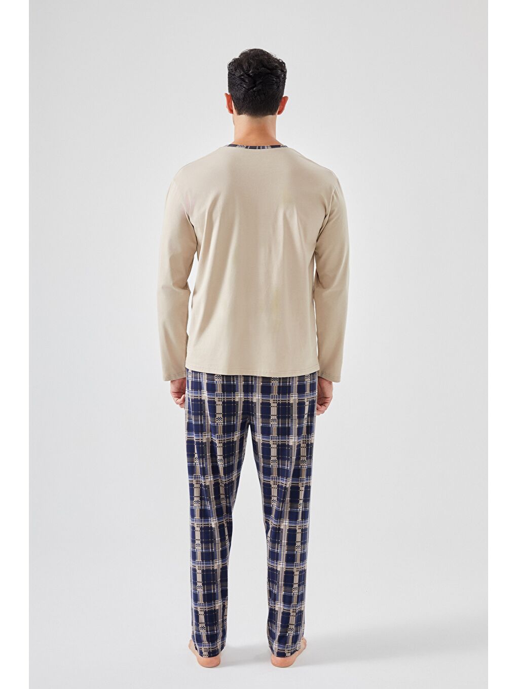 Ekru Erkek Pamuklu Uzun Kollu Ekose Desenli Cepli Pijama Takımı-2