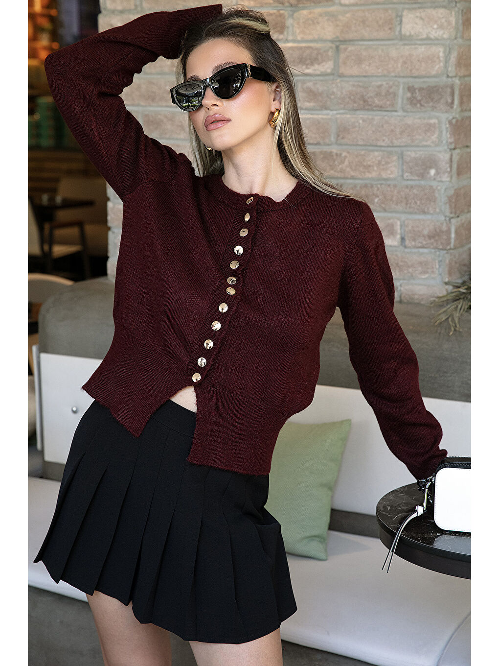 Bordo Premium Comfort Fit Yuvarlak Yaka Crop Triko Hırka 680HI00164