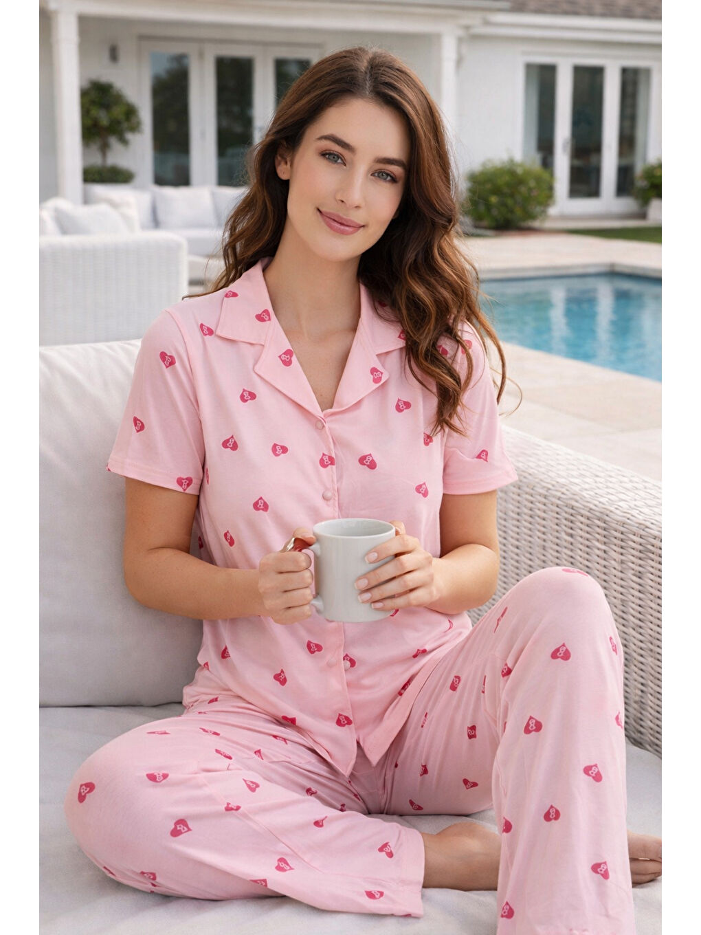 Pembe Kadın Kalp Desenli Kısa Kol Milan Kumaş Pijama Takımı 1972 Pudra-3