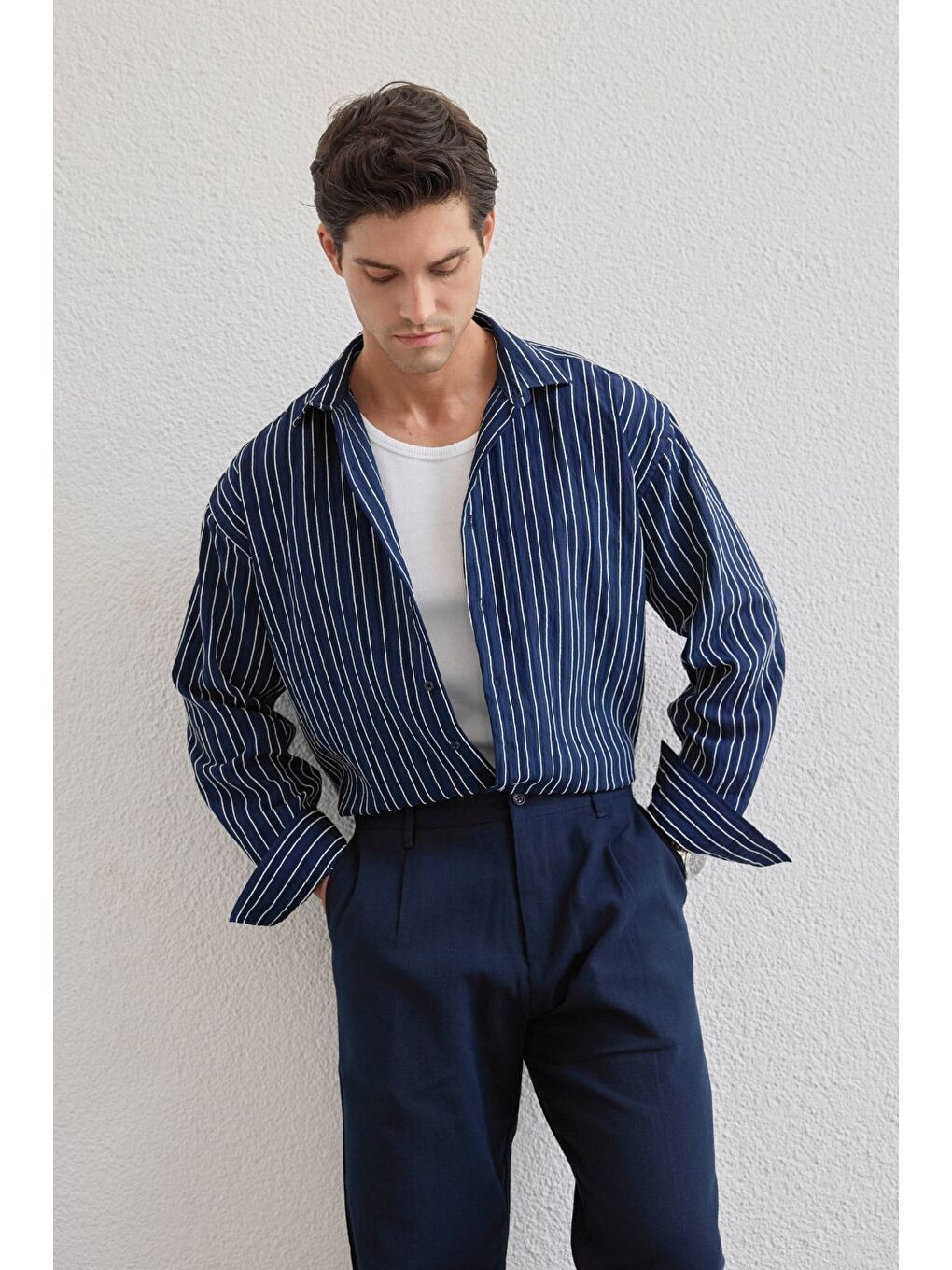 Lacivert Tugur Erkek Çizgili Oversize Premium Gömlek Soft Touch Refined Comfort-2