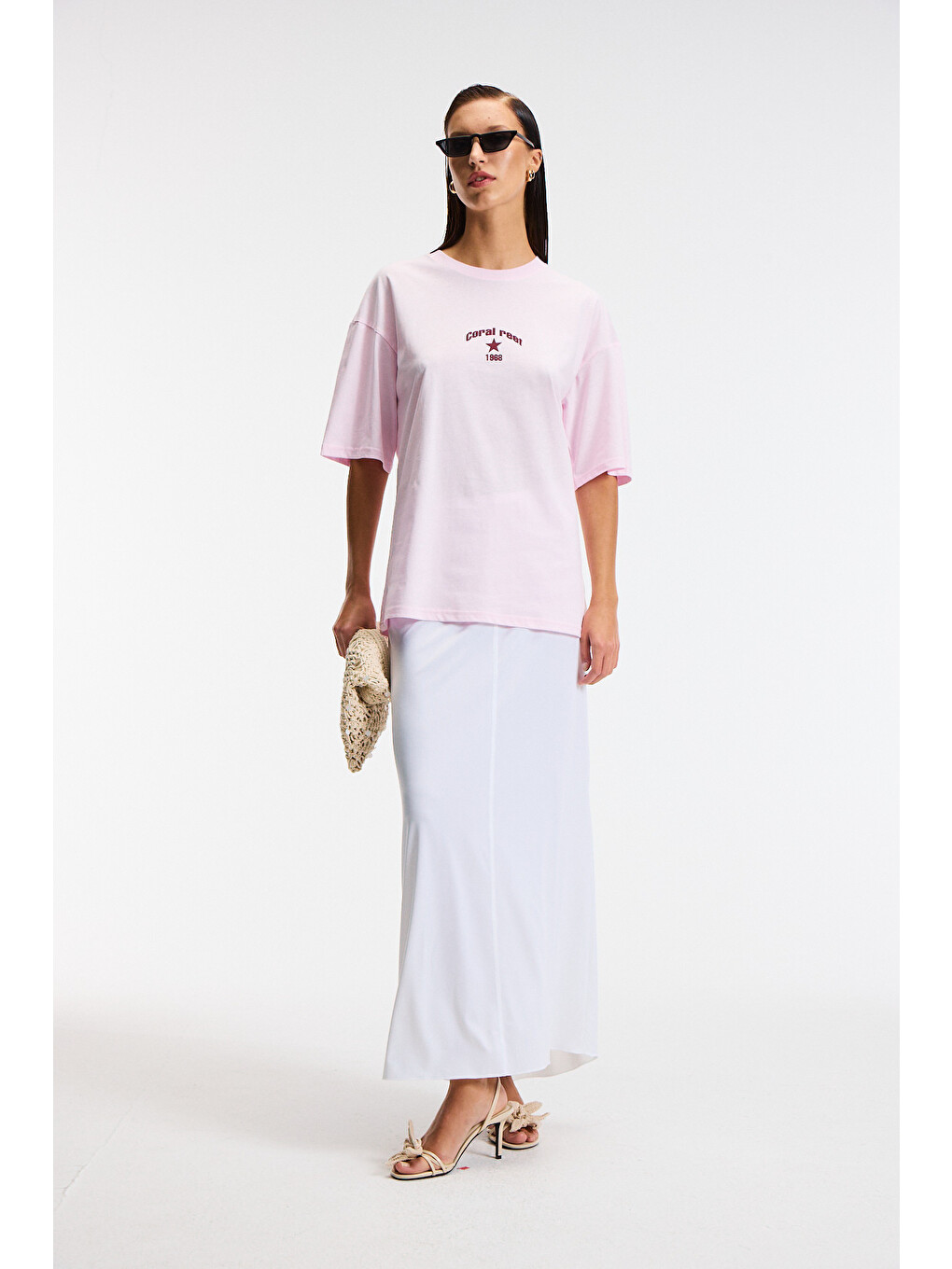 Tavena Kadın %100 Pamuk Baskılı Oversize Fit Kısa Kollu Yuvarlak Yaka Pembe T-shirt