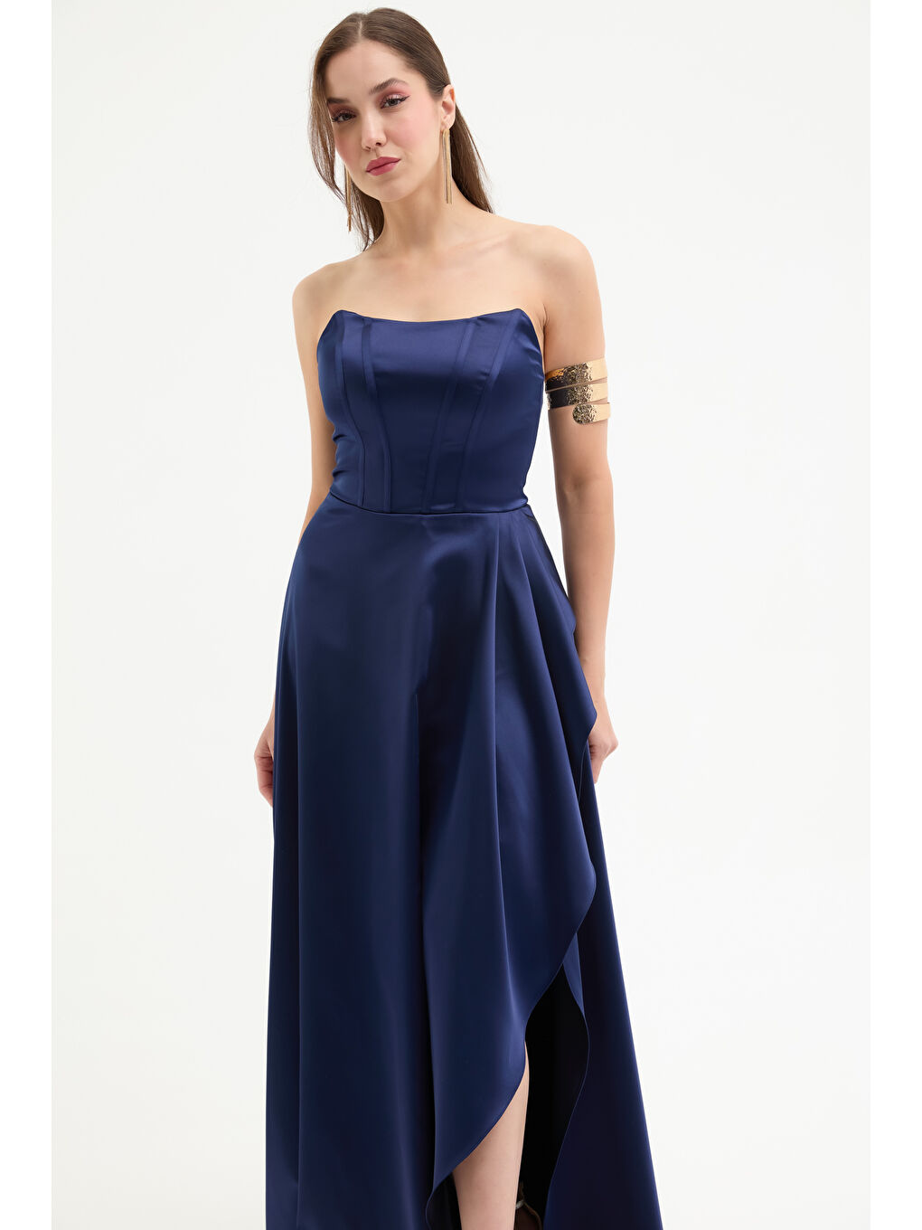 Kadın Lacivert Straplez Balen Korse Detay Uzun Abiye Elbise-2