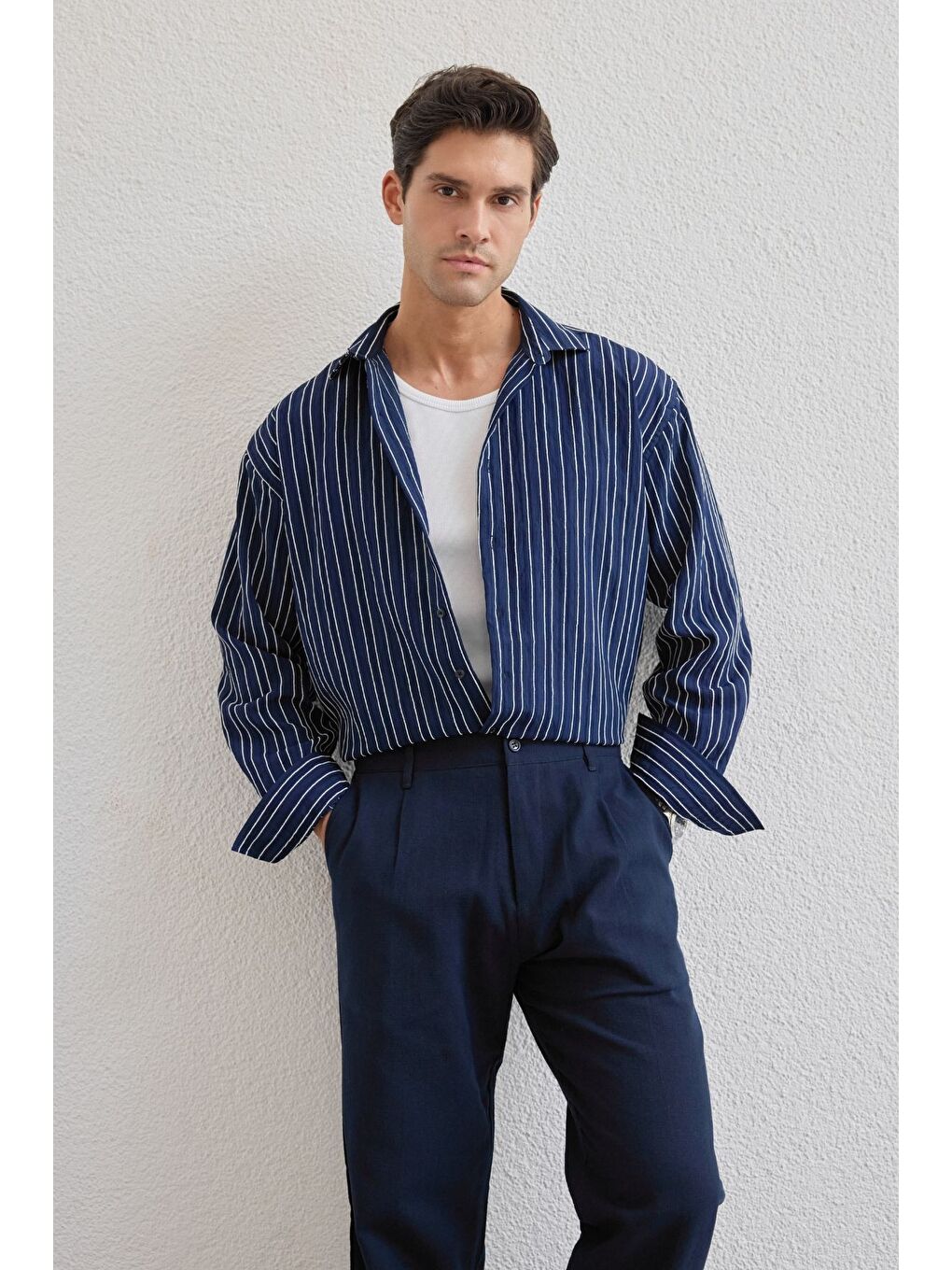 Lacivert Tugur Erkek Çizgili Oversize Premium Gömlek Soft Touch Refined Comfort-3