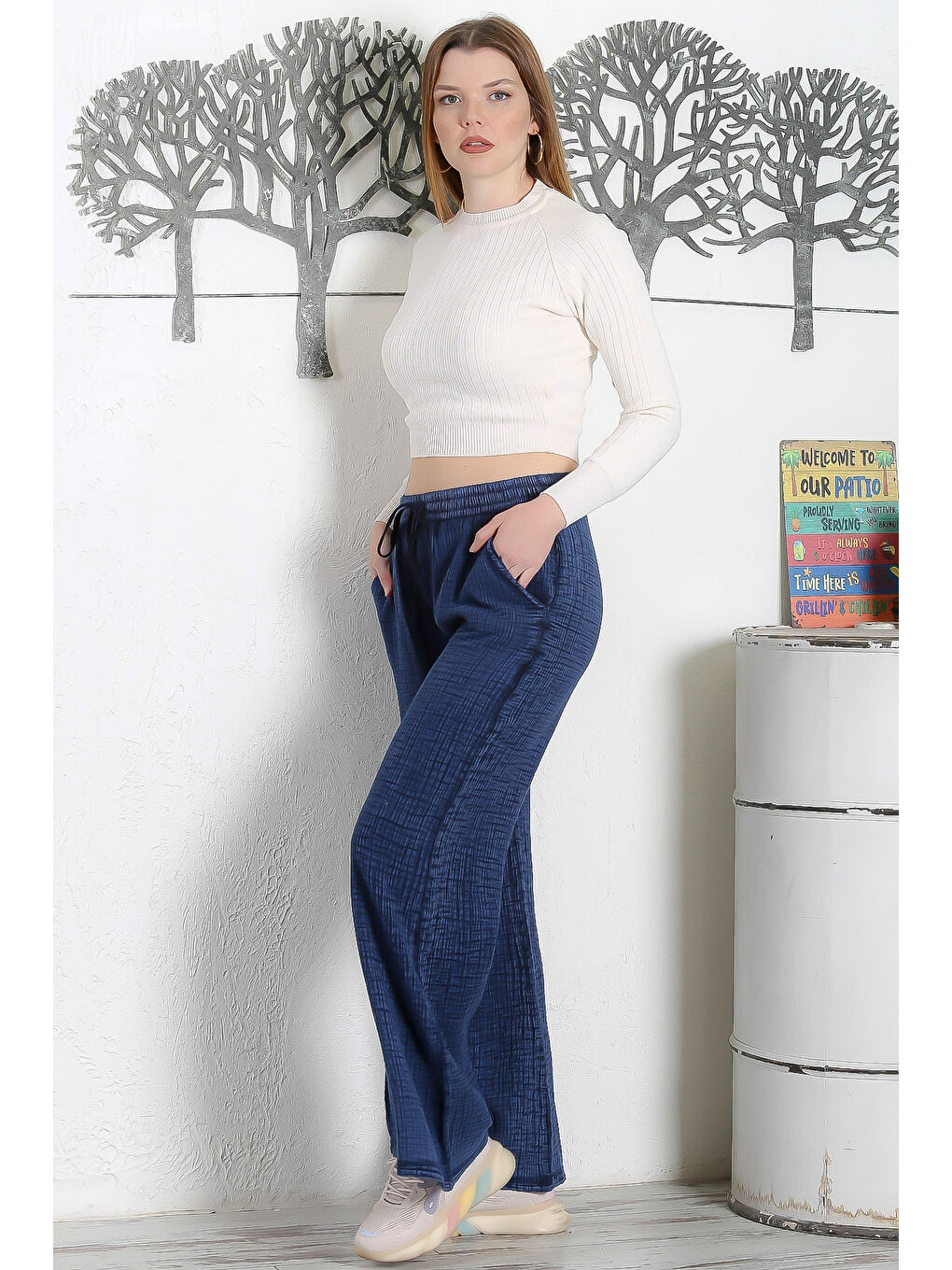 Lacivert Çift Cepli Lastikli Ve Bağlamalı Bel Geniş Paça Casual Müslin Dokuma Pantolon-5