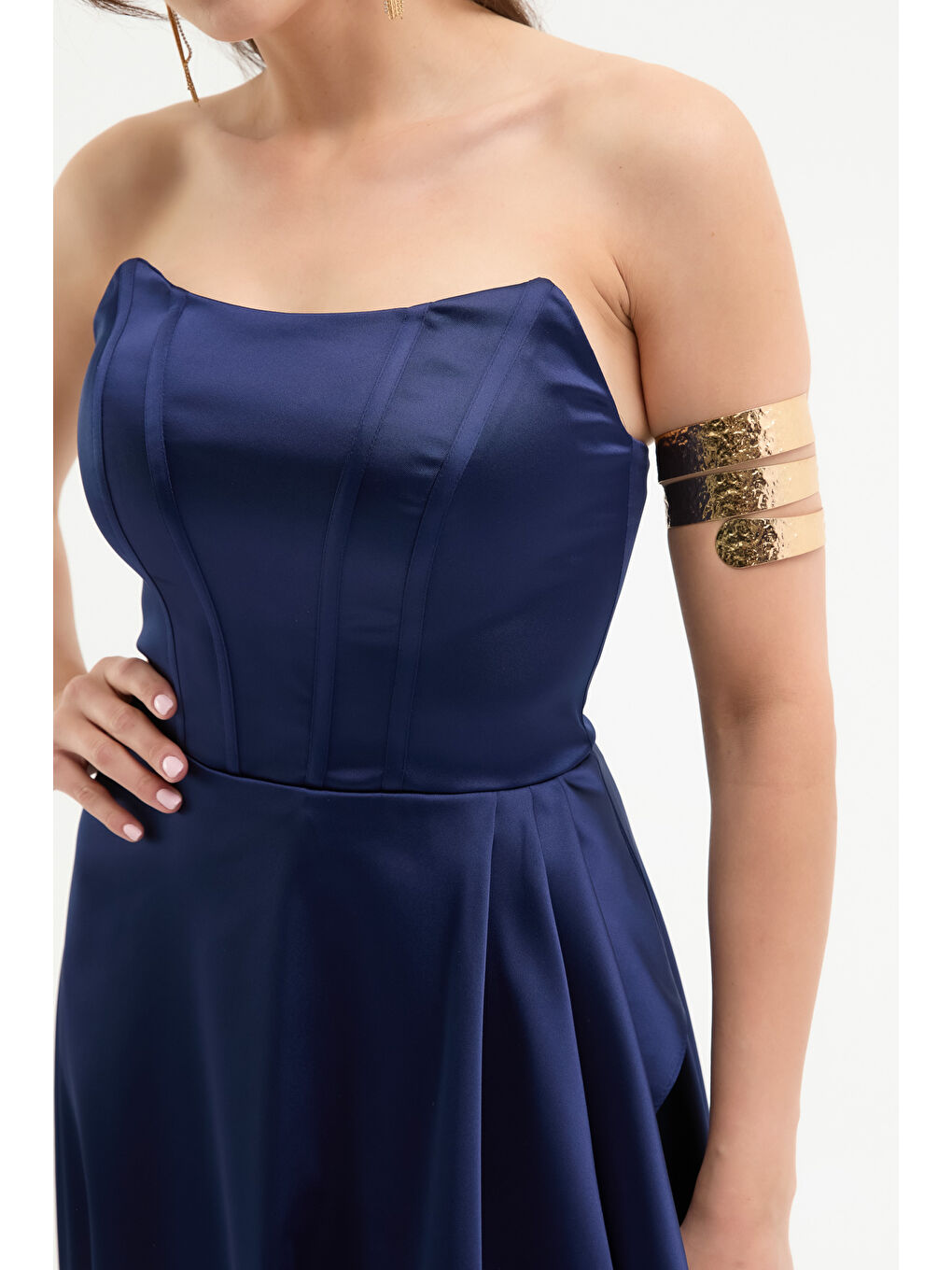 Kadın Lacivert Straplez Balen Korse Detay Uzun Abiye Elbise-3