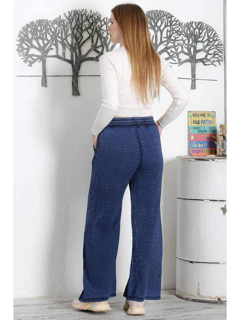 Lacivert Çift Cepli Lastikli Ve Bağlamalı Bel Geniş Paça Casual Müslin Dokuma Pantolon-6