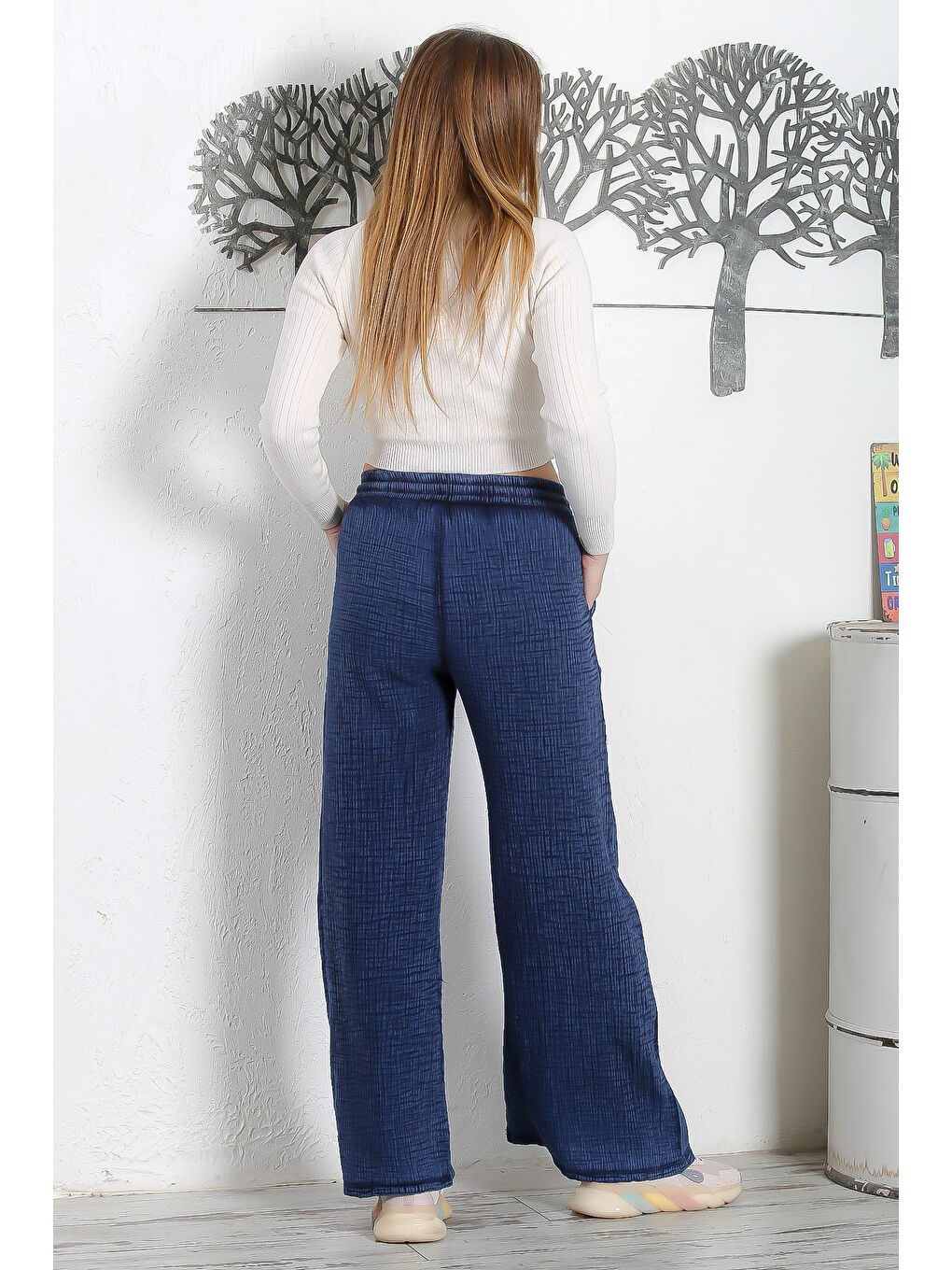 Lacivert Çift Cepli Lastikli Ve Bağlamalı Bel Geniş Paça Casual Müslin Dokuma Pantolon-7