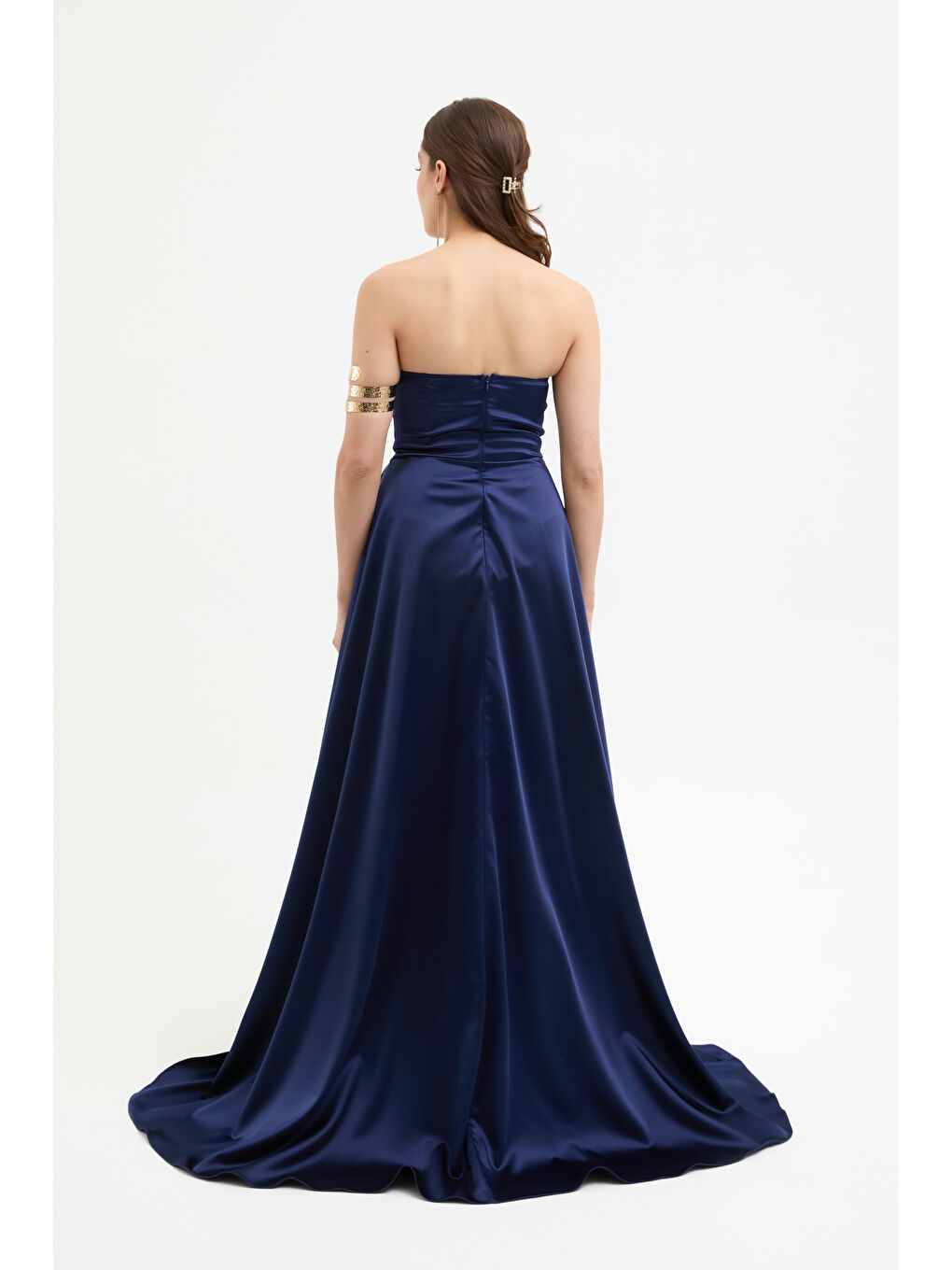 Kadın Lacivert Straplez Balen Korse Detay Uzun Abiye Elbise-4