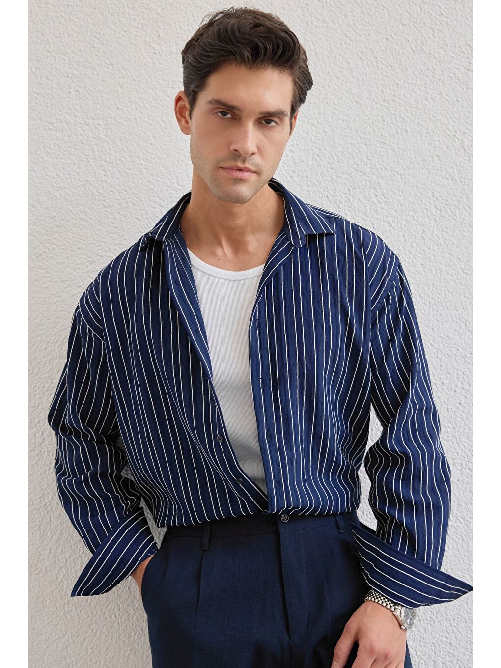 Lacivert Tugur Erkek Çizgili Oversize Premium Gömlek Soft Touch Refined Comfort-5