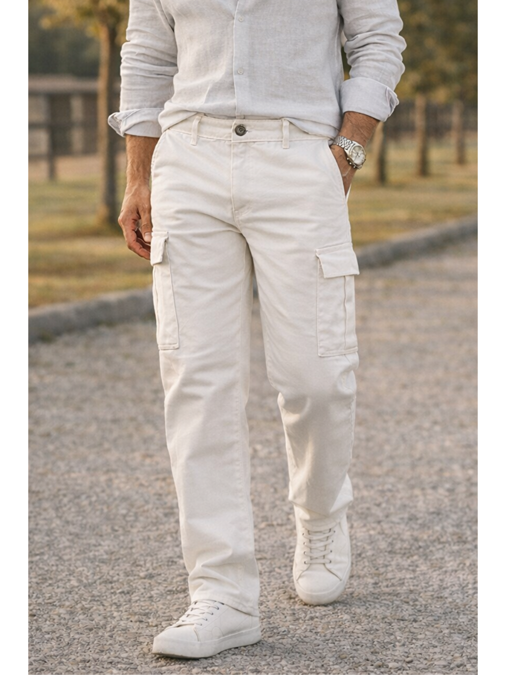Erkek Premium Comfort Beyaz Kargo Baggy Pantolon