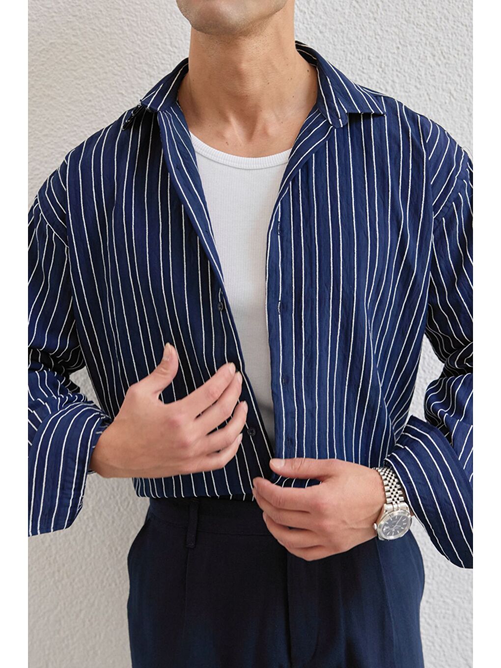 Lacivert Tugur Erkek Çizgili Oversize Premium Gömlek Soft Touch Refined Comfort-6