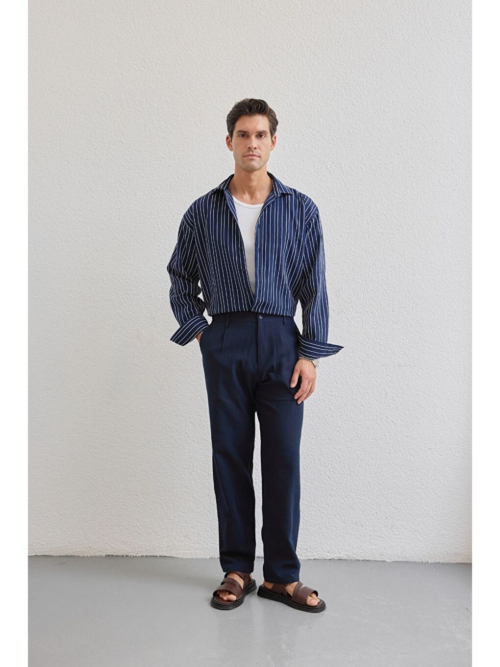 Lacivert Tugur Erkek Çizgili Oversize Premium Gömlek Soft Touch Refined Comfort-7