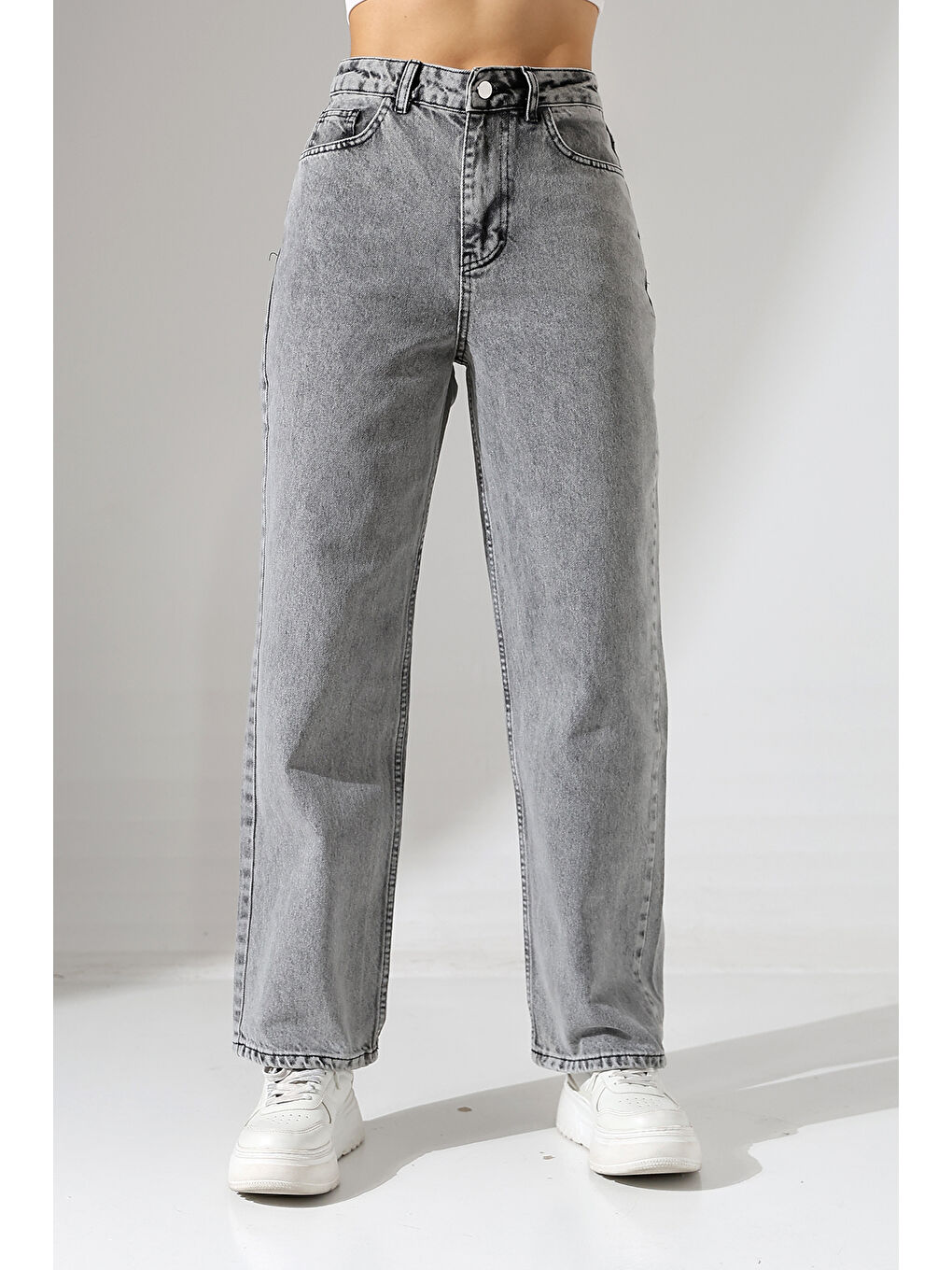 Kadın Gri Yüksek Bel Bol Paça Jean